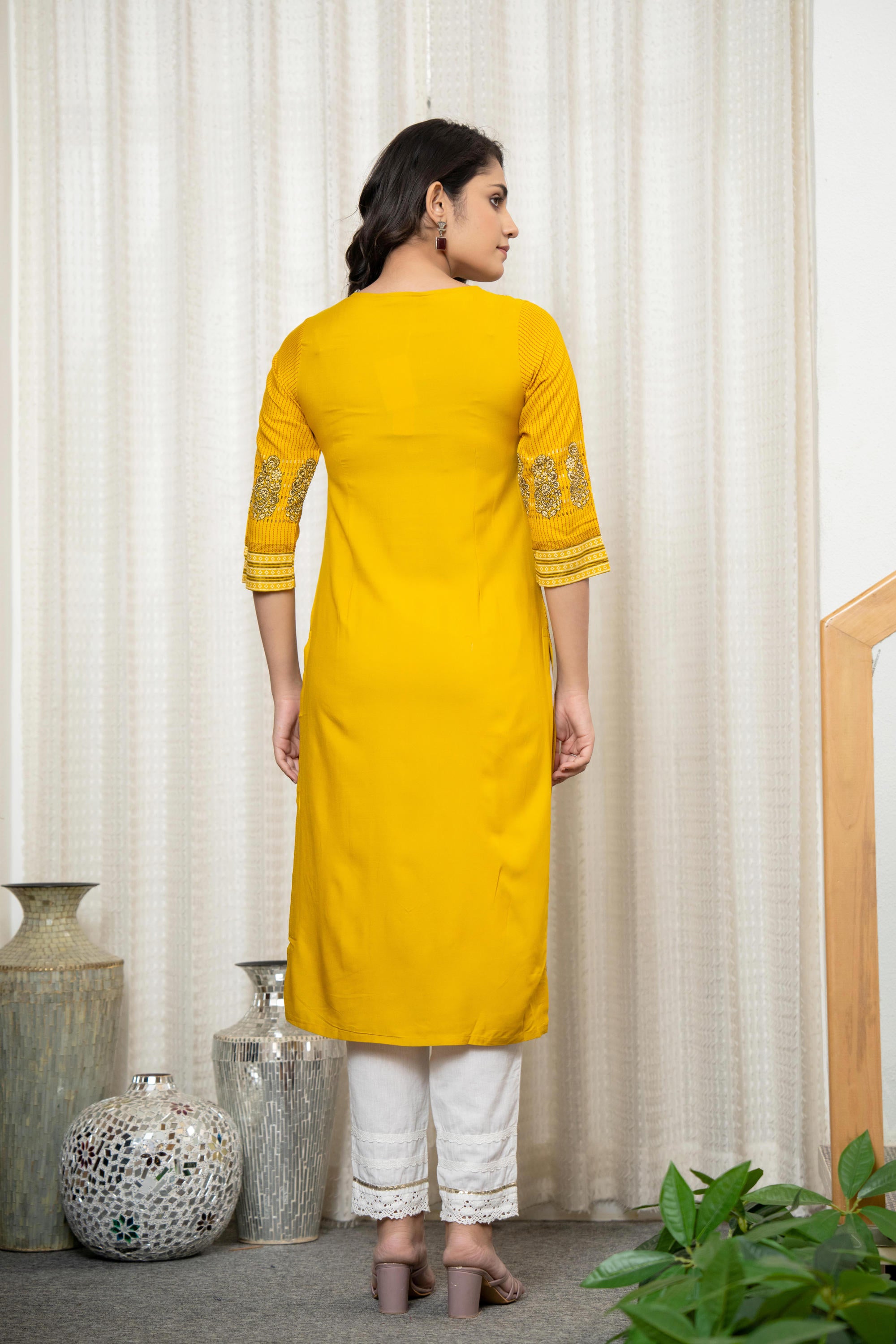 Mustard Ethnic Motif Printed Liva Rayon Kurta With Sequins & Thread Work