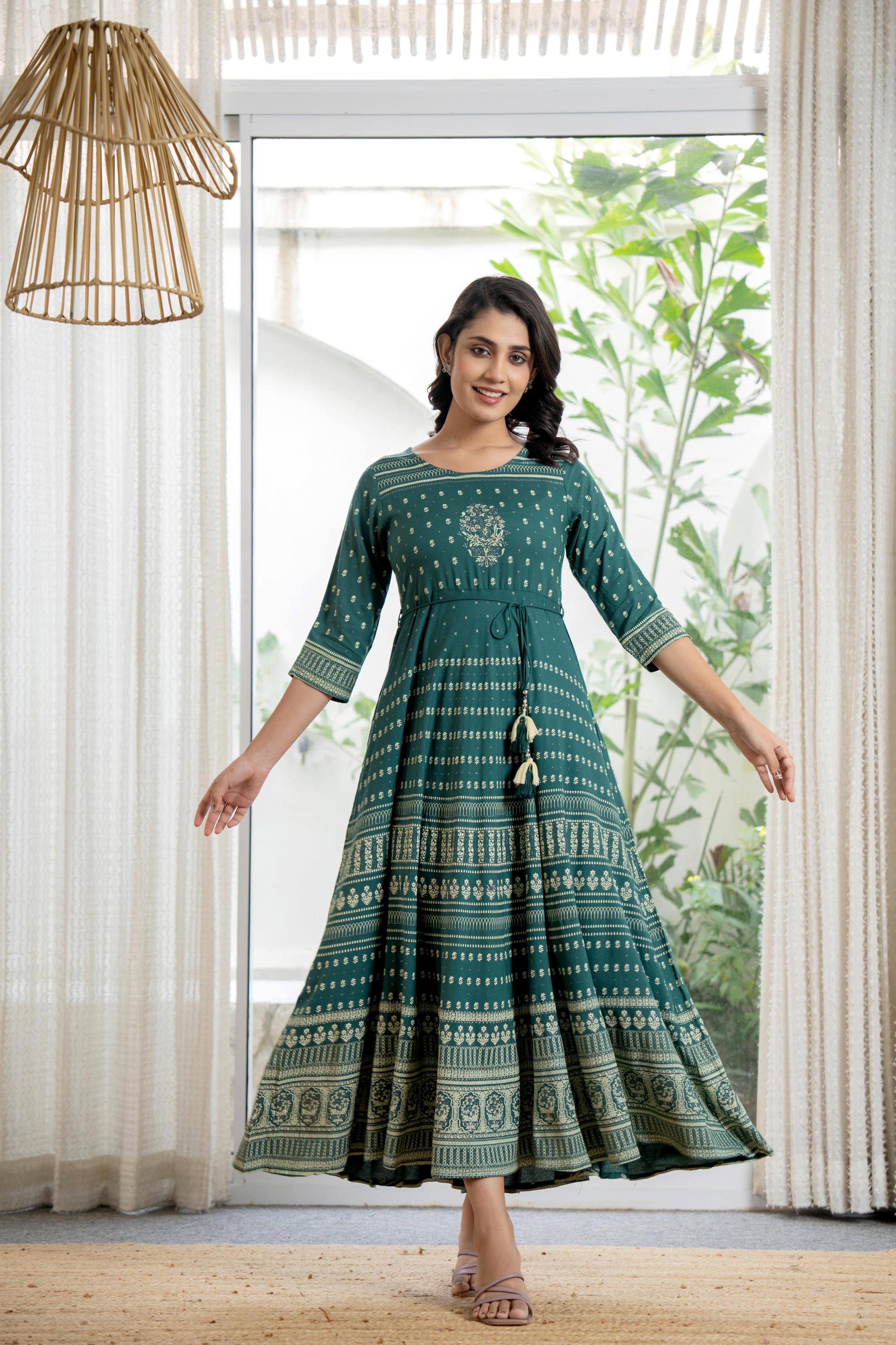 Green Ethnic Motif Printed Liva RayonDress With Sequins & Beads