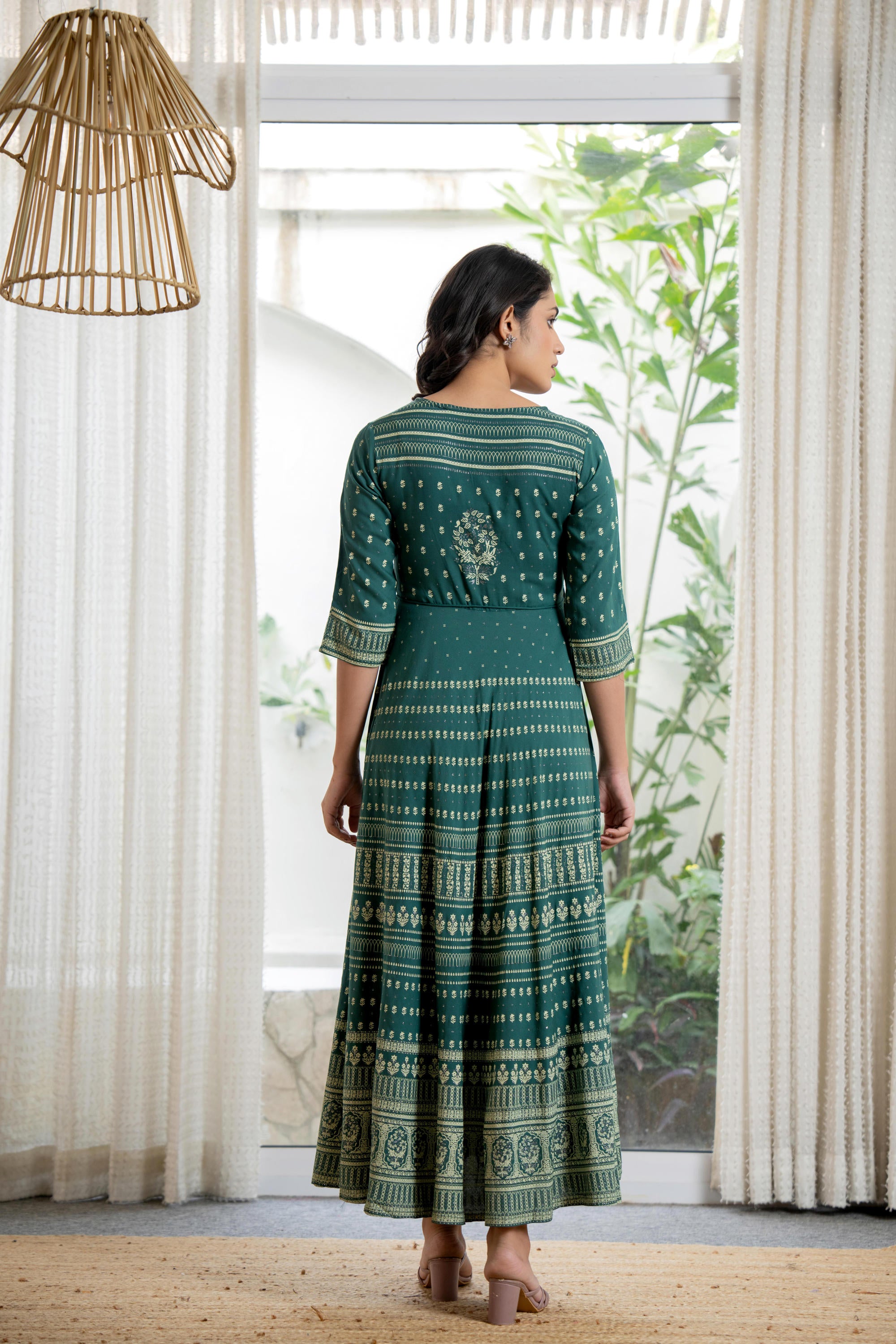 Green Ethnic Motif Printed Liva RayonDress With Sequins & Beads