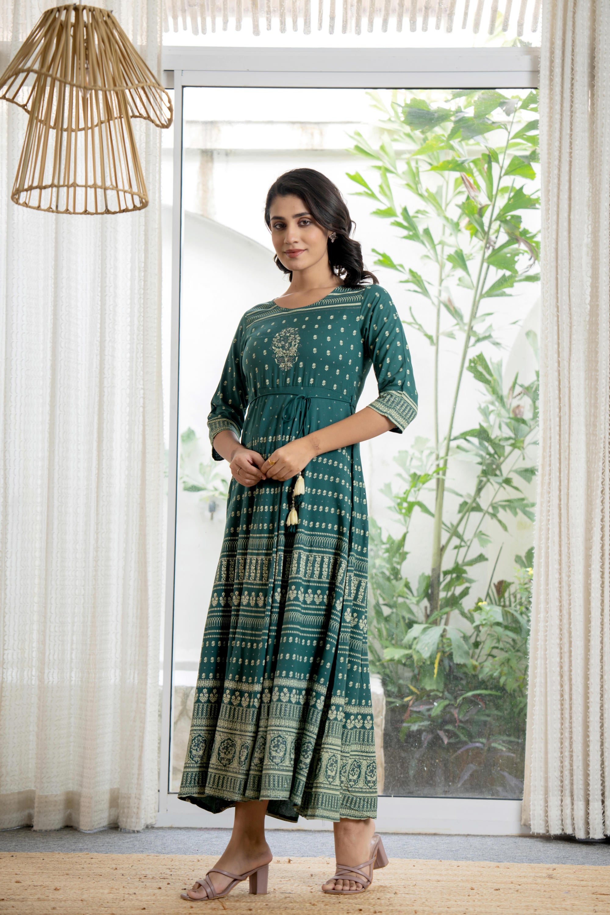 Green Ethnic Motif Printed Liva RayonDress With Sequins & Beads