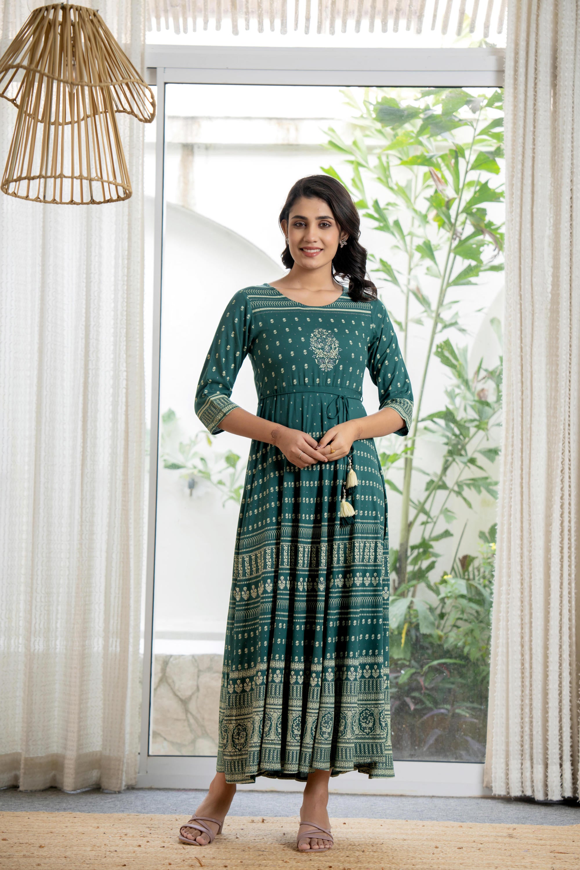 Green Ethnic Motif Printed Liva RayonDress With Sequins & Beads