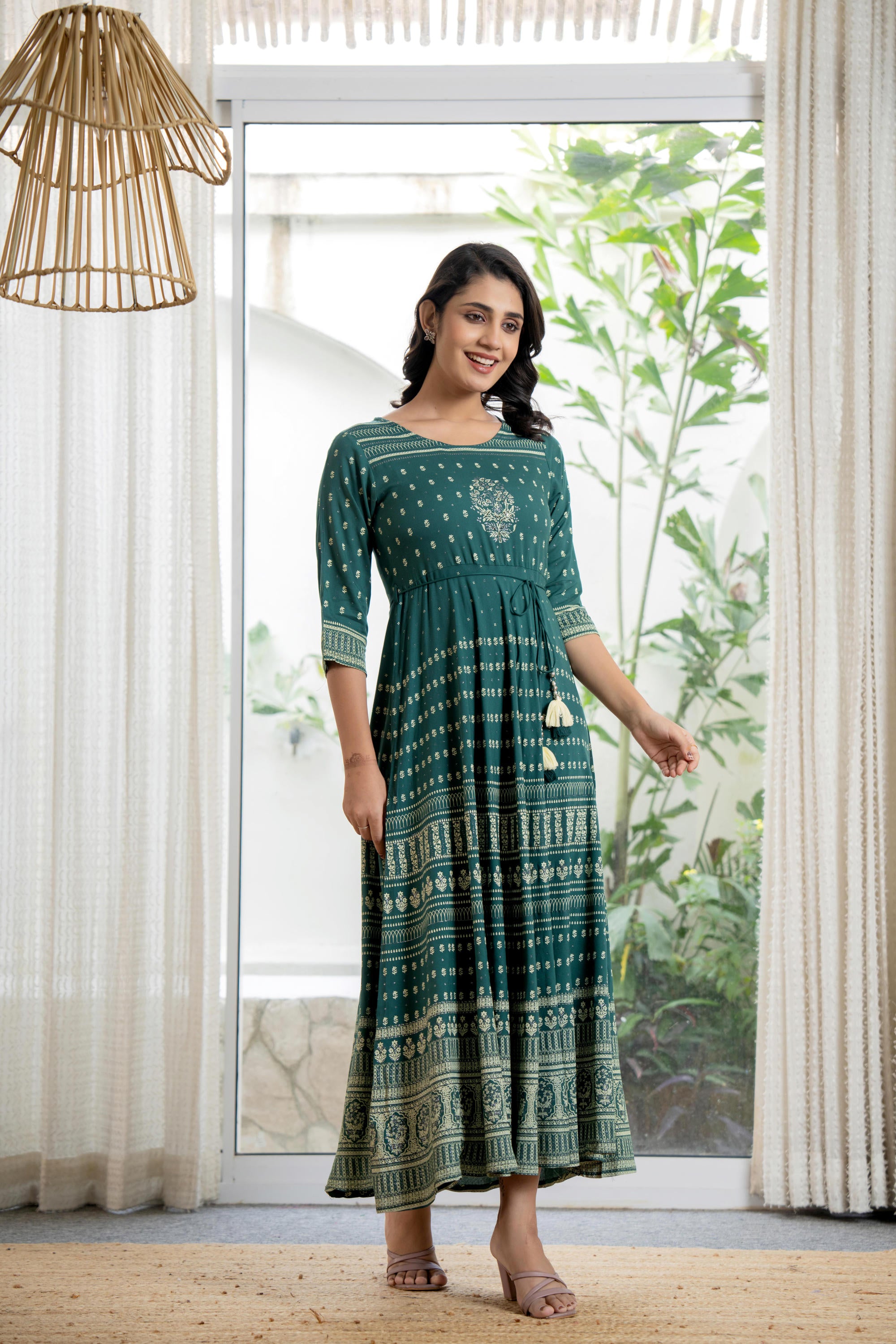 Green Ethnic Motif Printed Liva RayonDress With Sequins & Beads