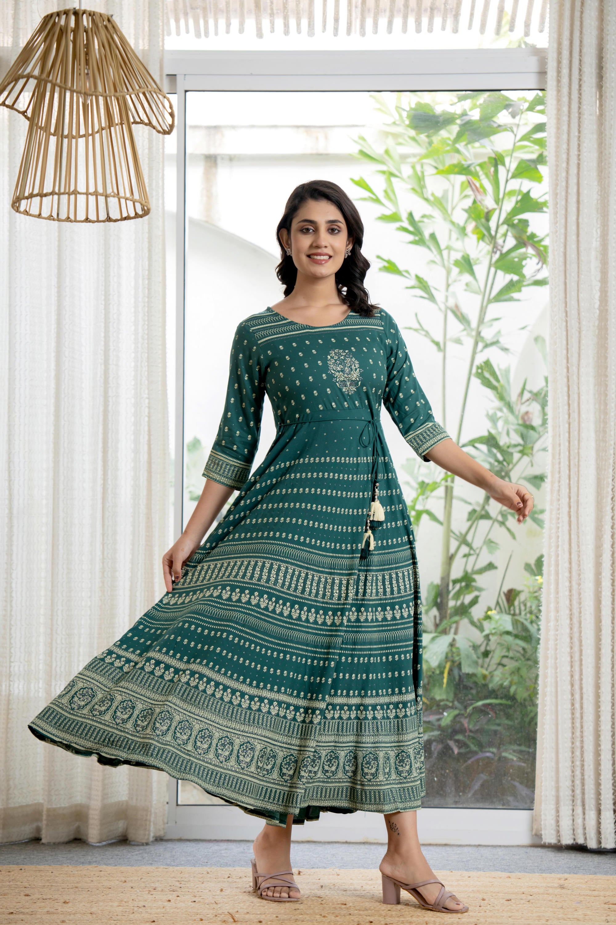 Green Ethnic Motif Printed Liva RayonDress With Sequins & Beads