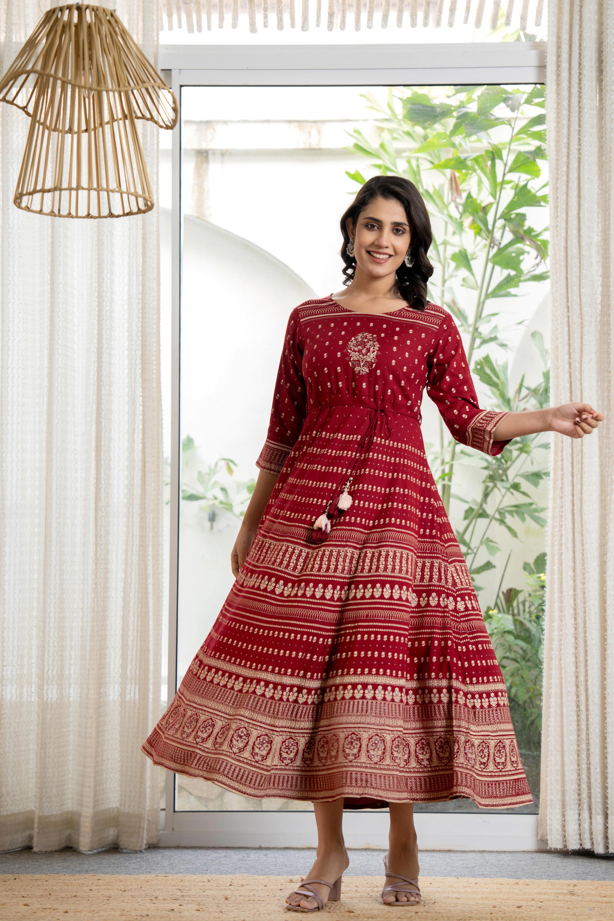 Maroon Ethnic Motif Printed Liva RayonDress With Sequins & Beads