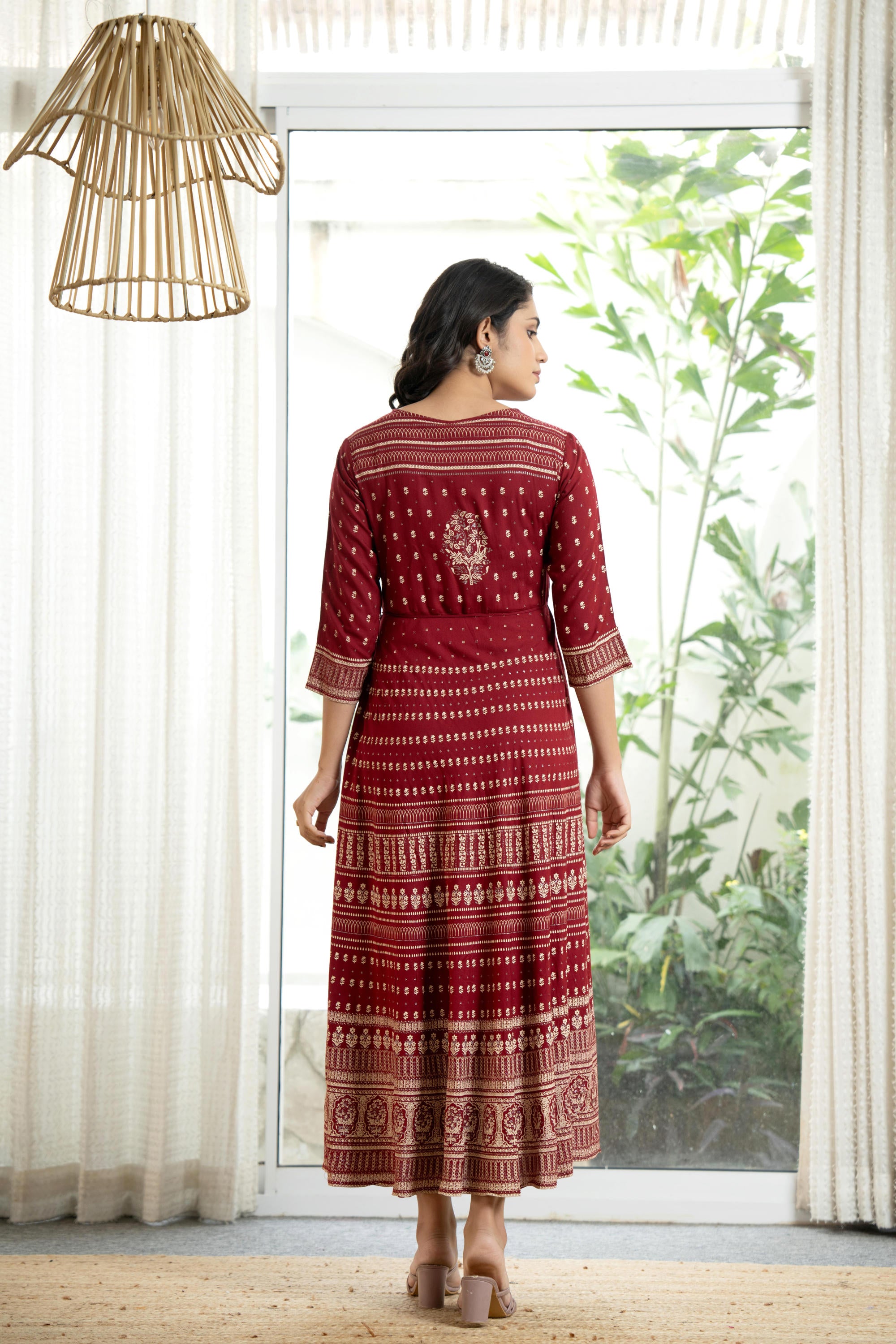 Maroon Ethnic Motif Printed Liva RayonDress With Sequins & Beads