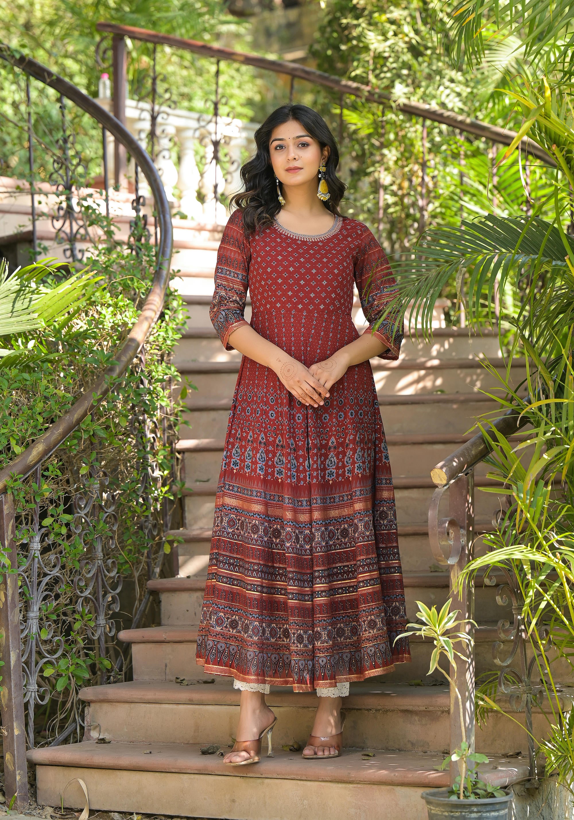 Rust Ethnic Motif Printed Georgette Kurta With Thread Work