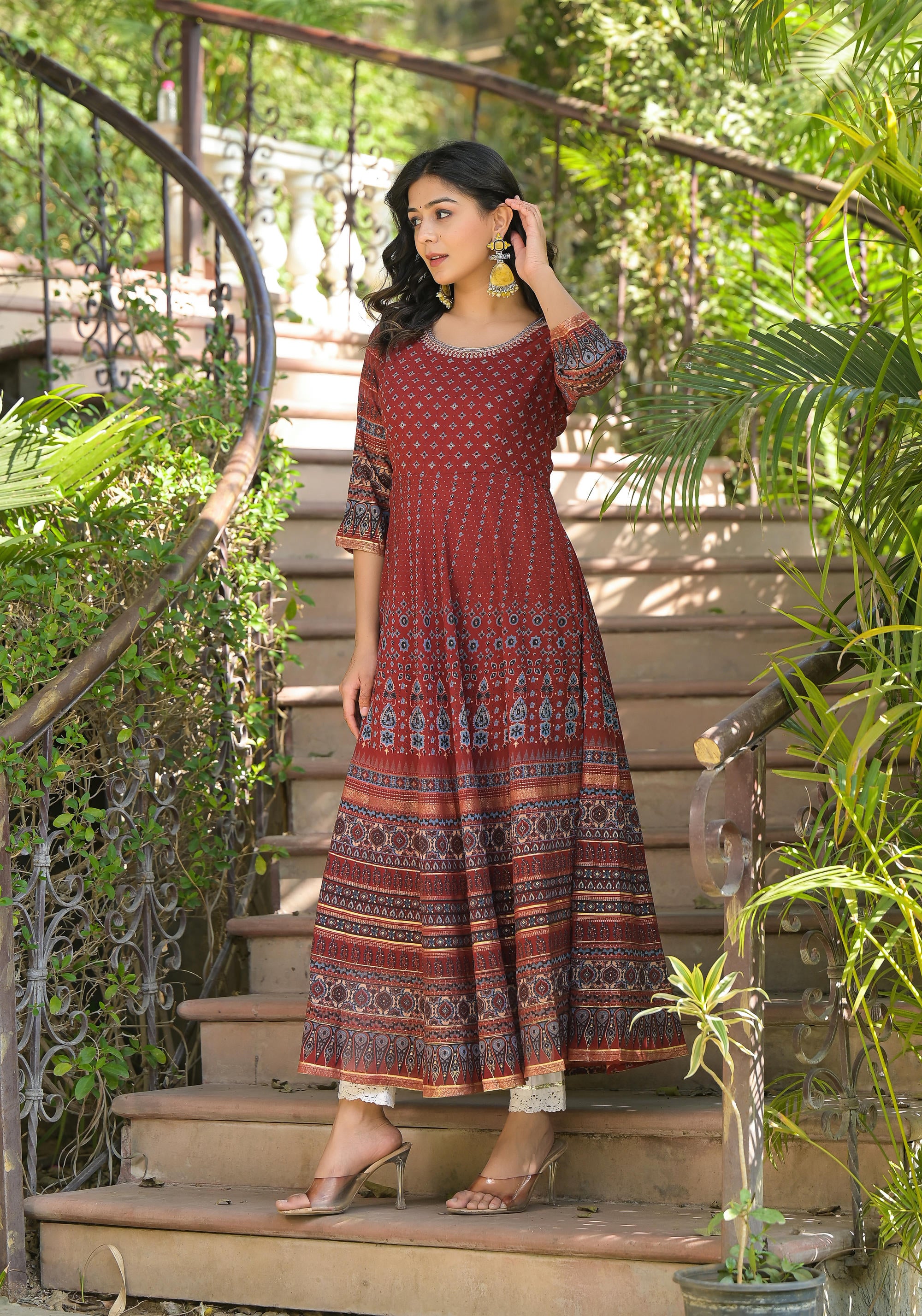 Rust Ethnic Motif Printed Georgette Kurta With Thread Work