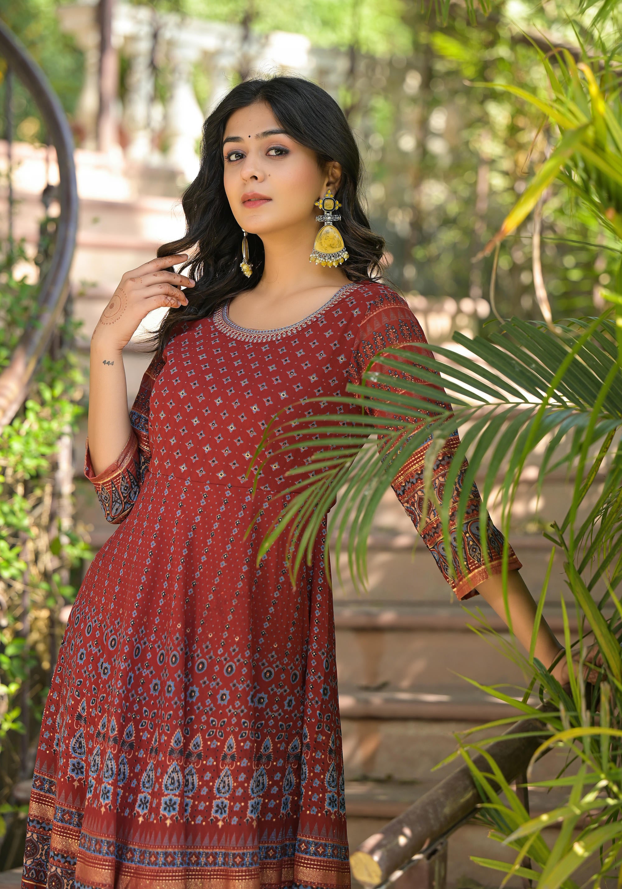 Rust Ethnic Motif Printed Georgette Kurta With Thread Work