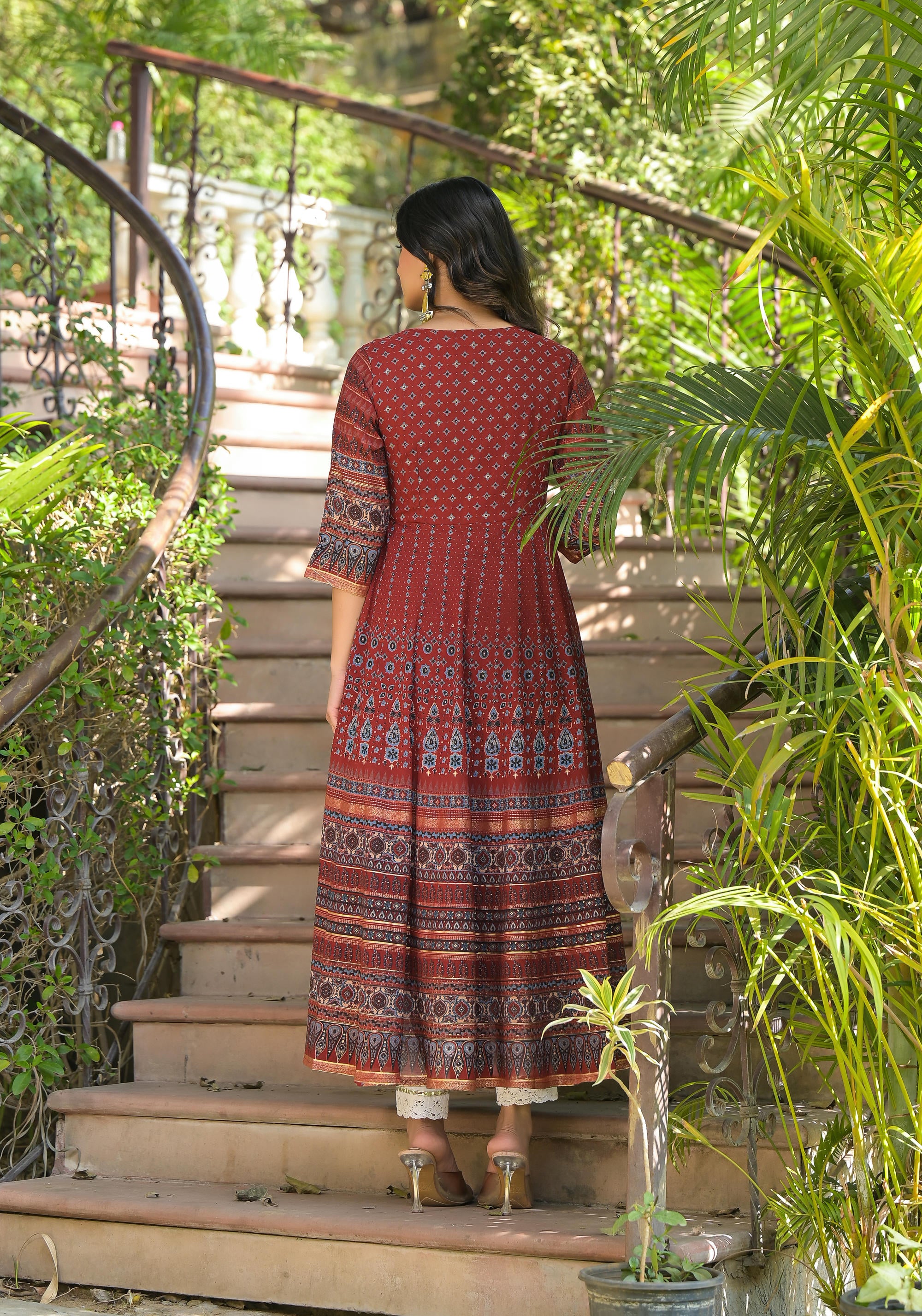 Rust Ethnic Motif Printed Georgette Kurta With Thread Work