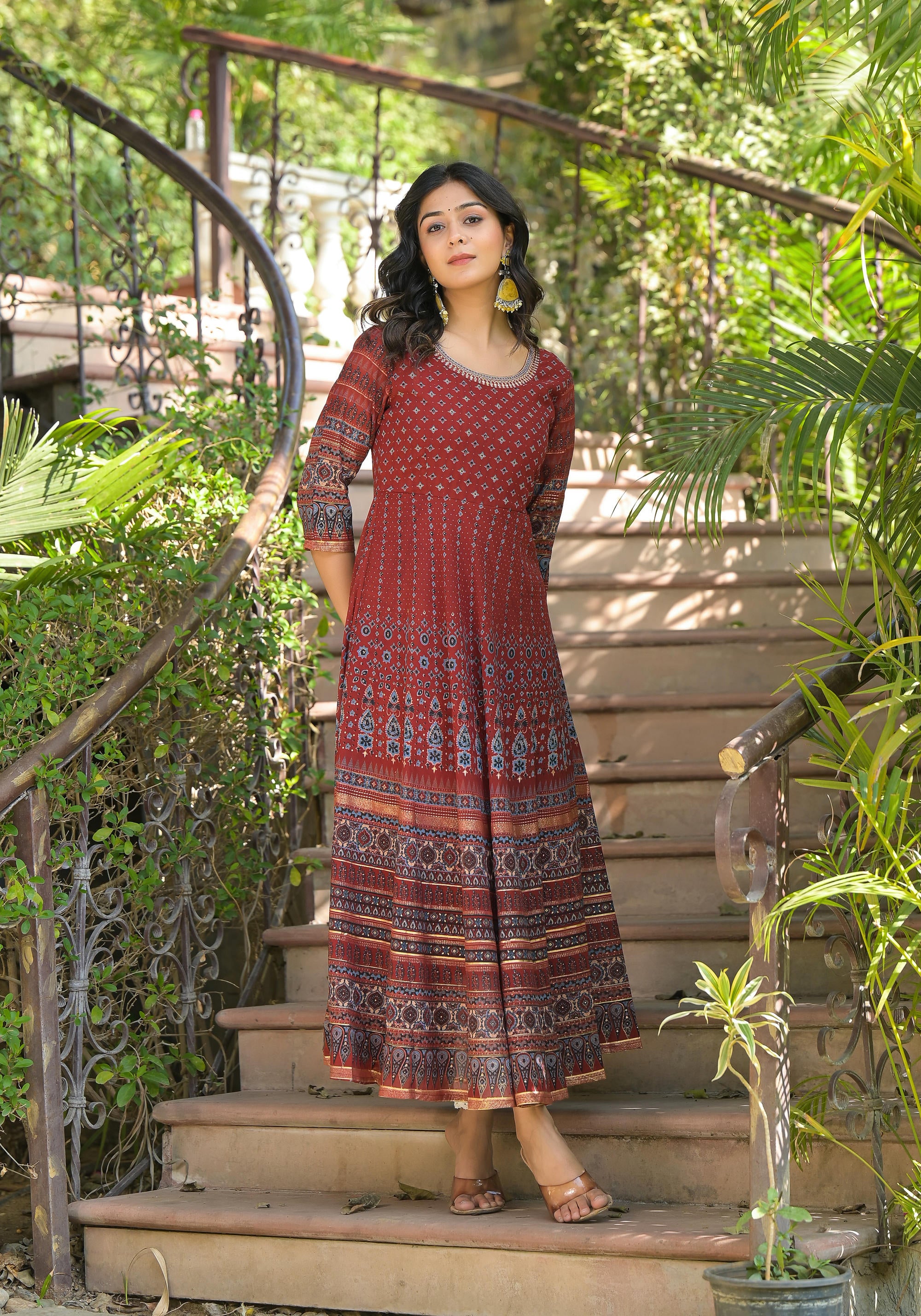 Rust Ethnic Motif Printed Georgette Kurta With Thread Work