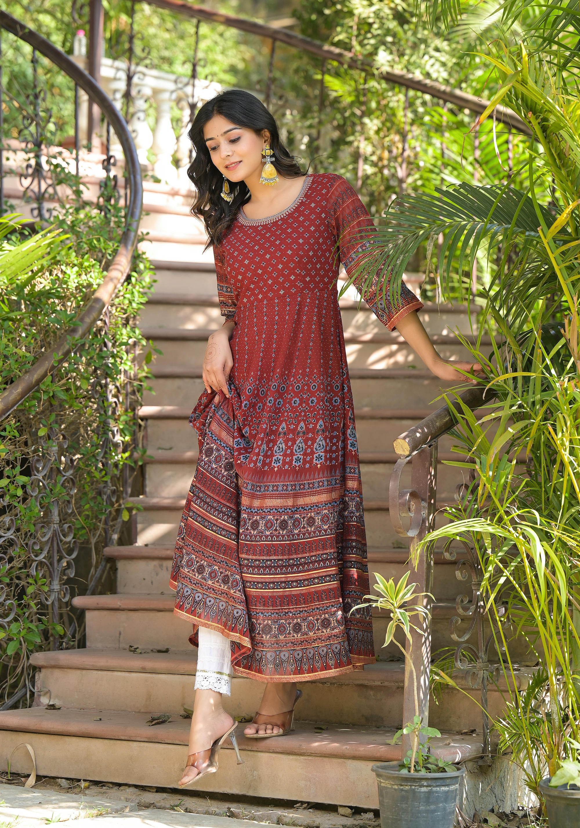 Rust Ethnic Motif Printed Georgette Kurta With Thread Work