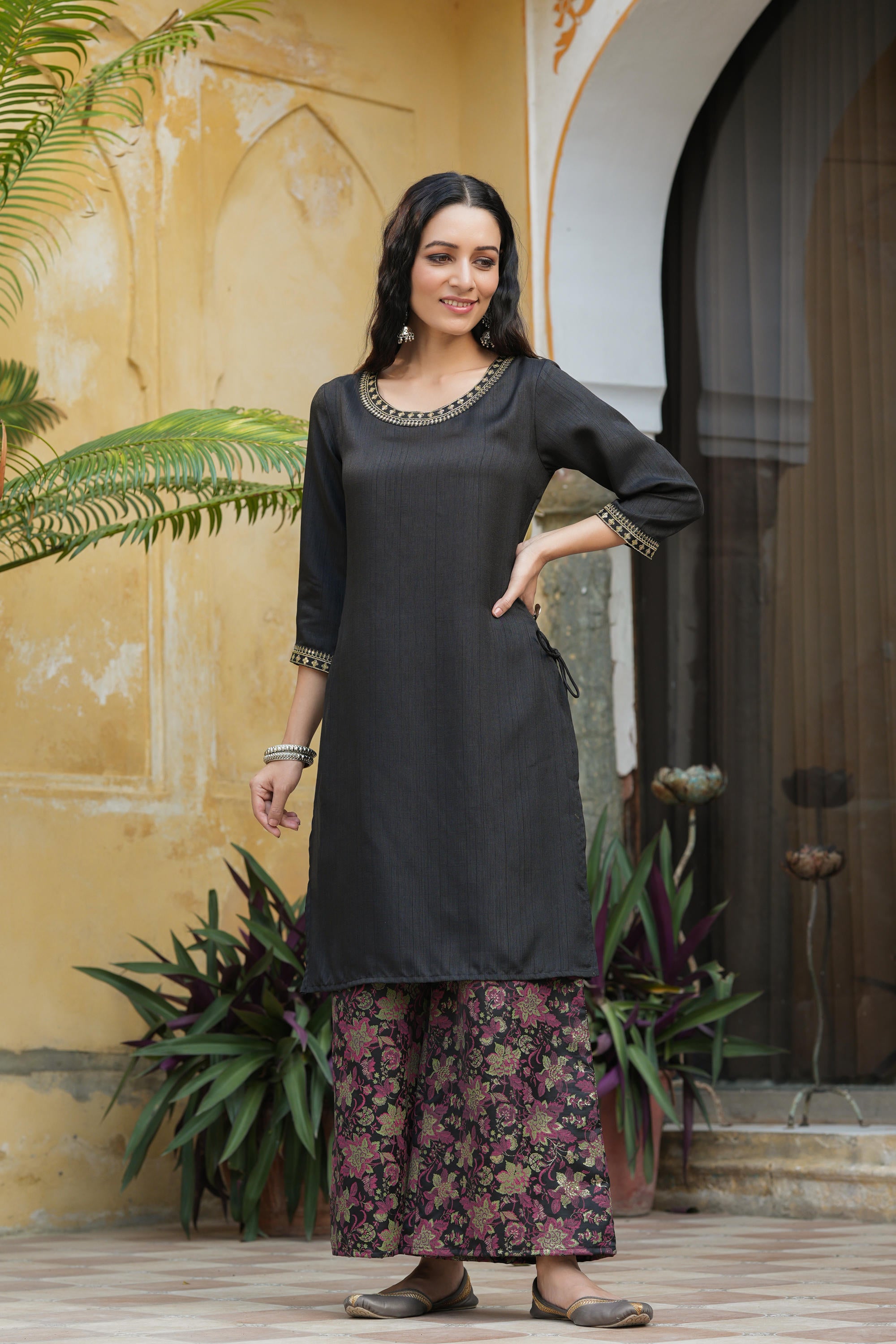 Black Soild Satin Kurta With Floral Pants