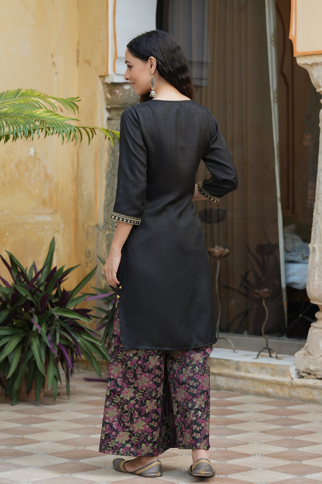 Black Soild Satin Kurta With Floral Pants