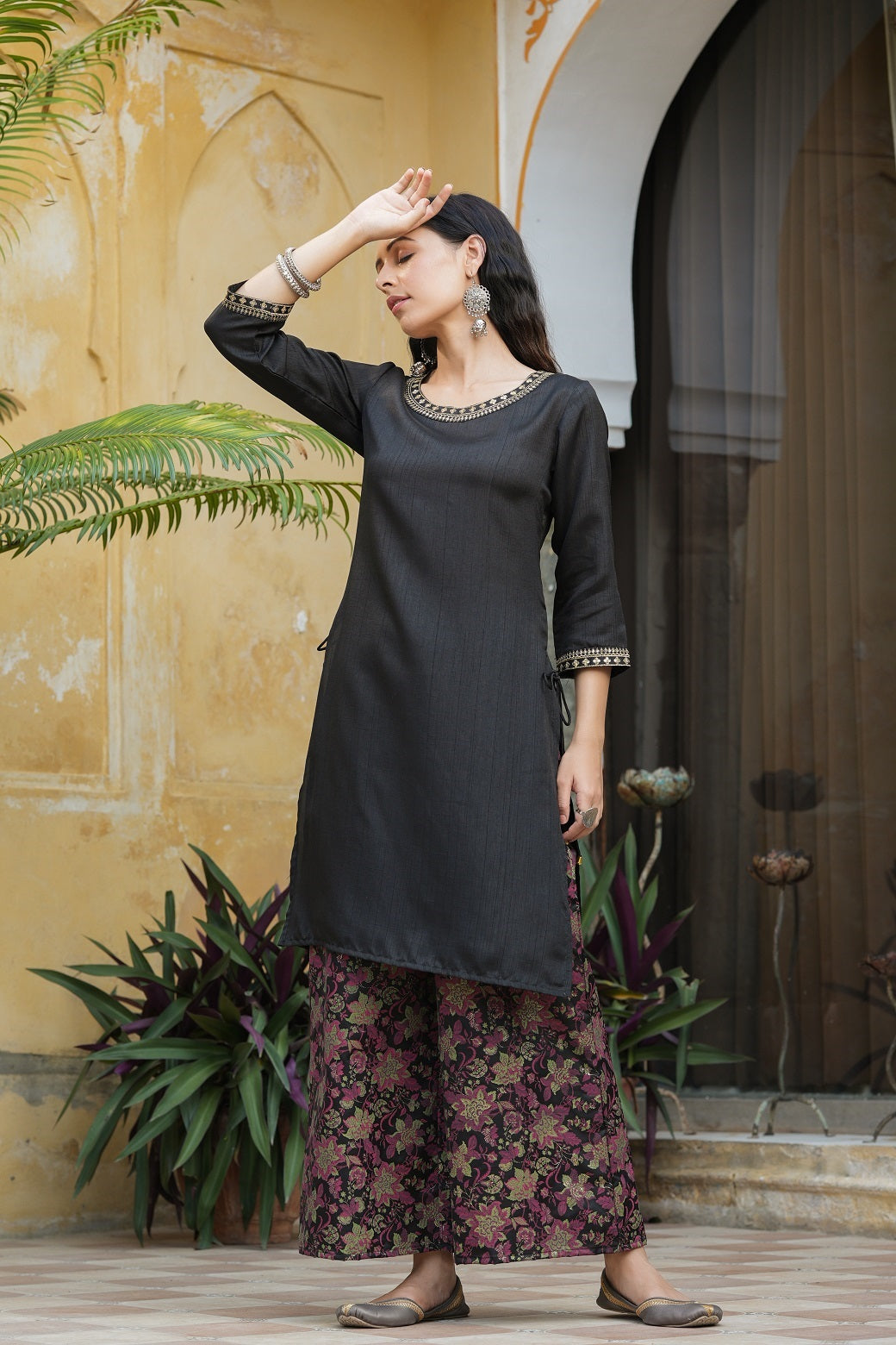 Black Soild Satin Kurta With Floral Pants