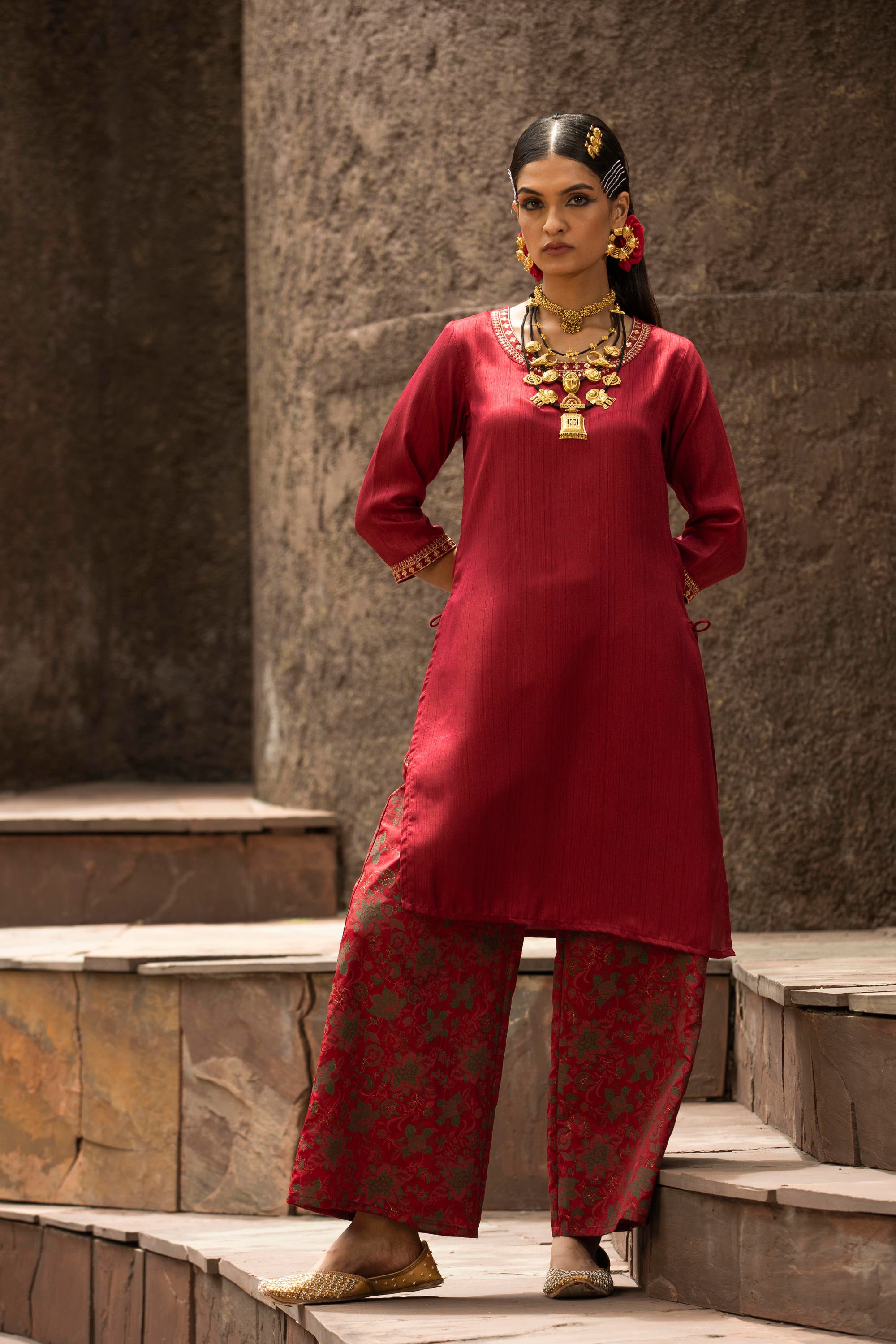 Maroon Soild Satin Kurta With Floral Pants