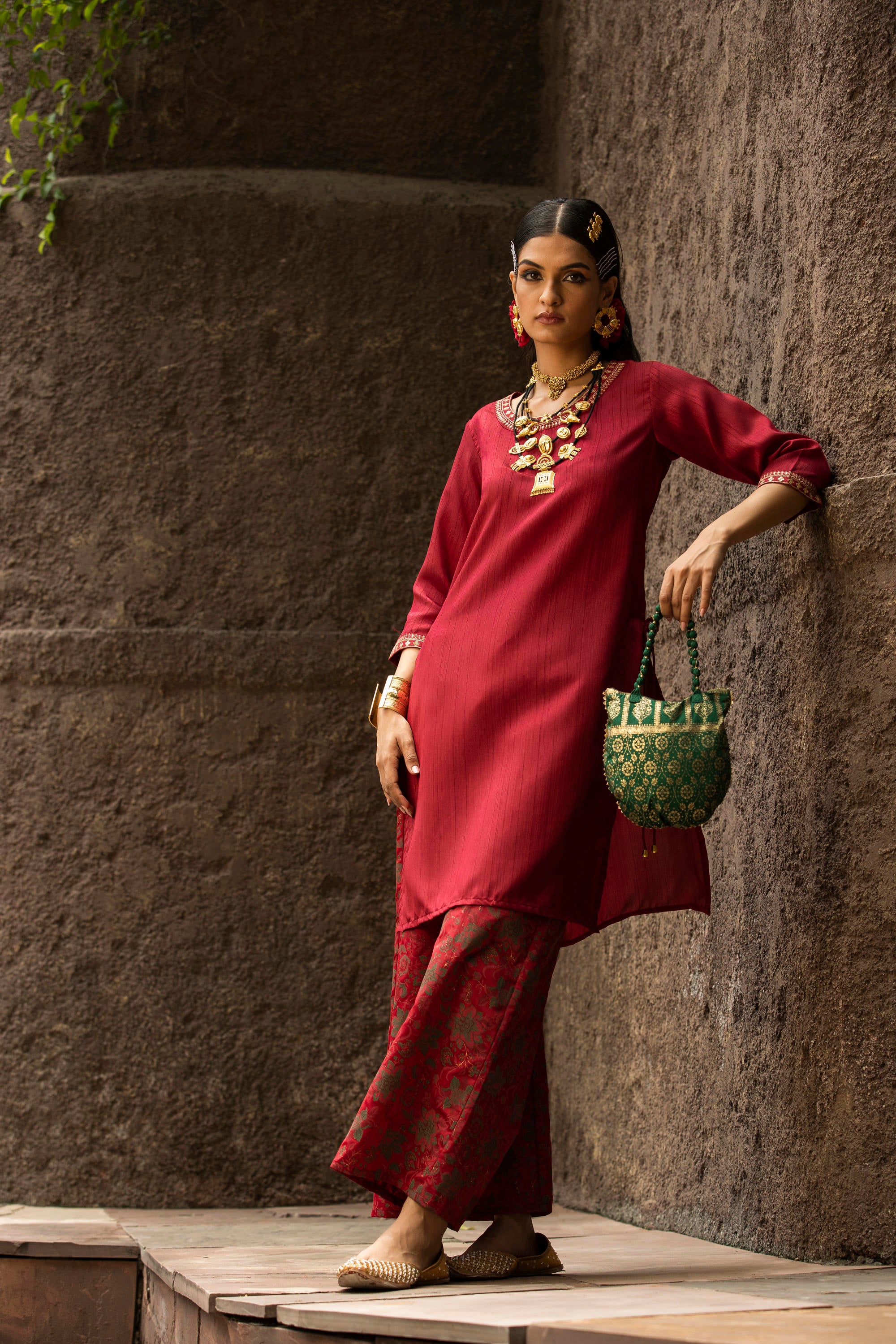 Maroon Soild Satin Kurta With Floral Pants