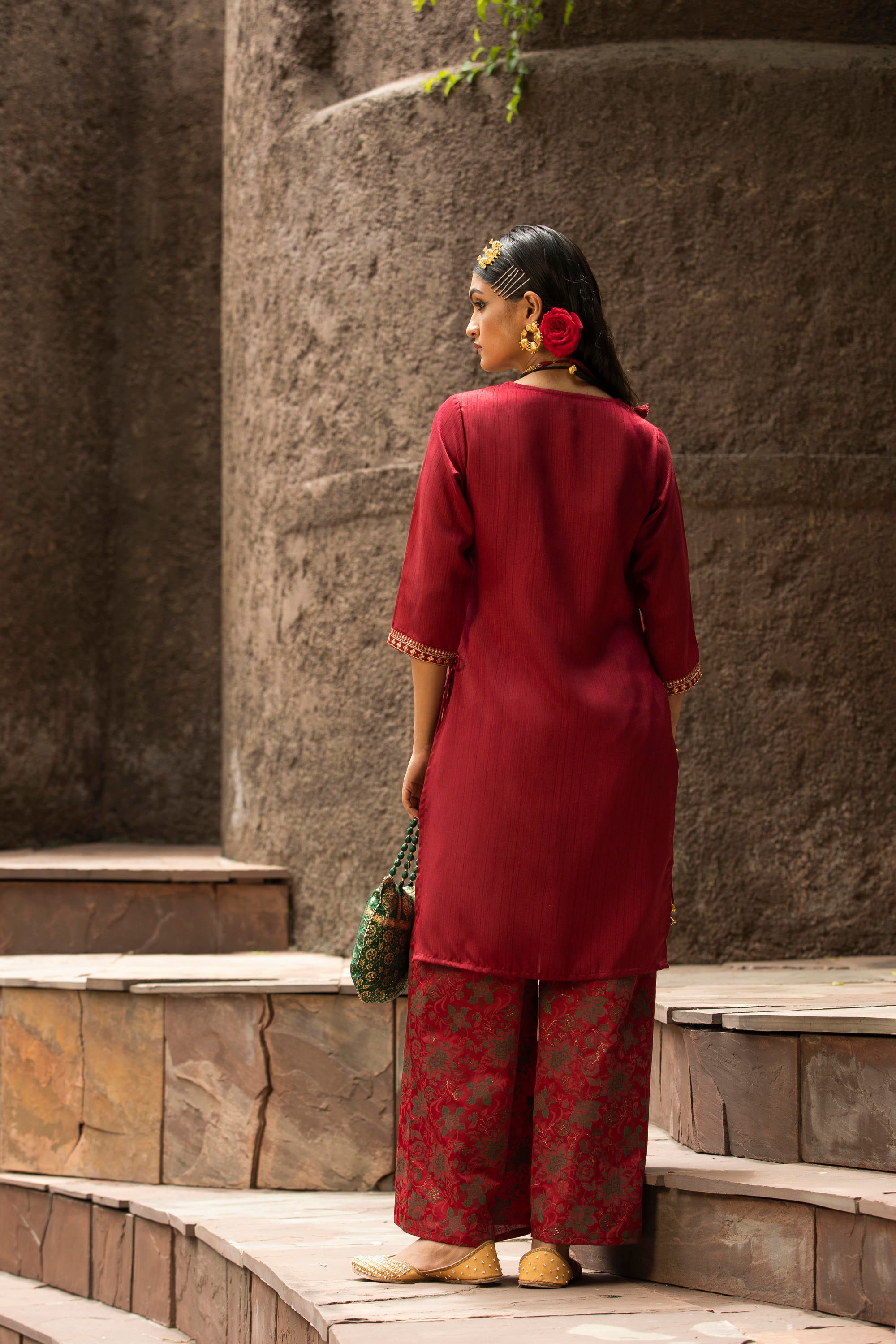 Maroon Soild Satin Kurta With Floral Pants