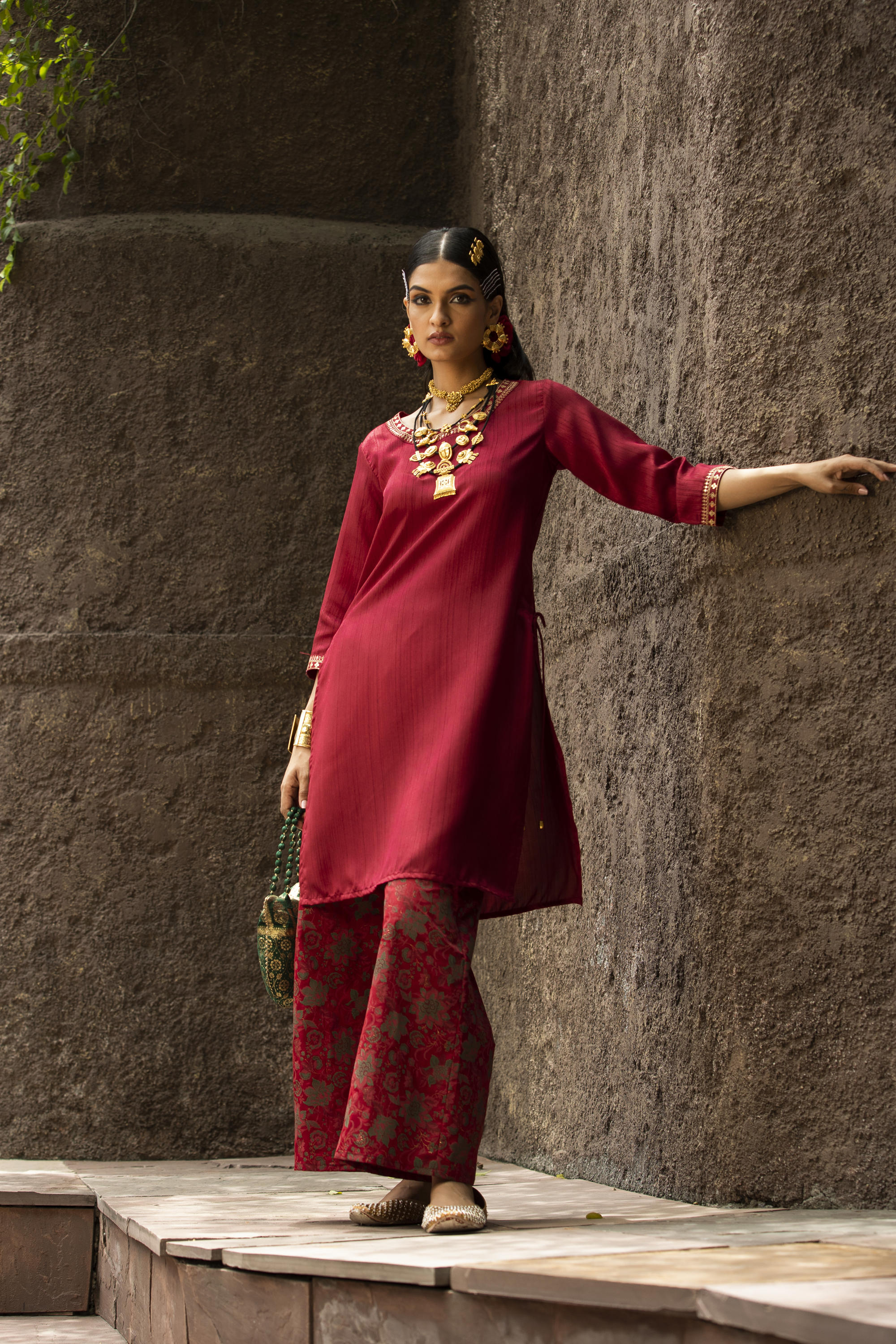 Maroon Soild Satin Kurta With Floral Pants