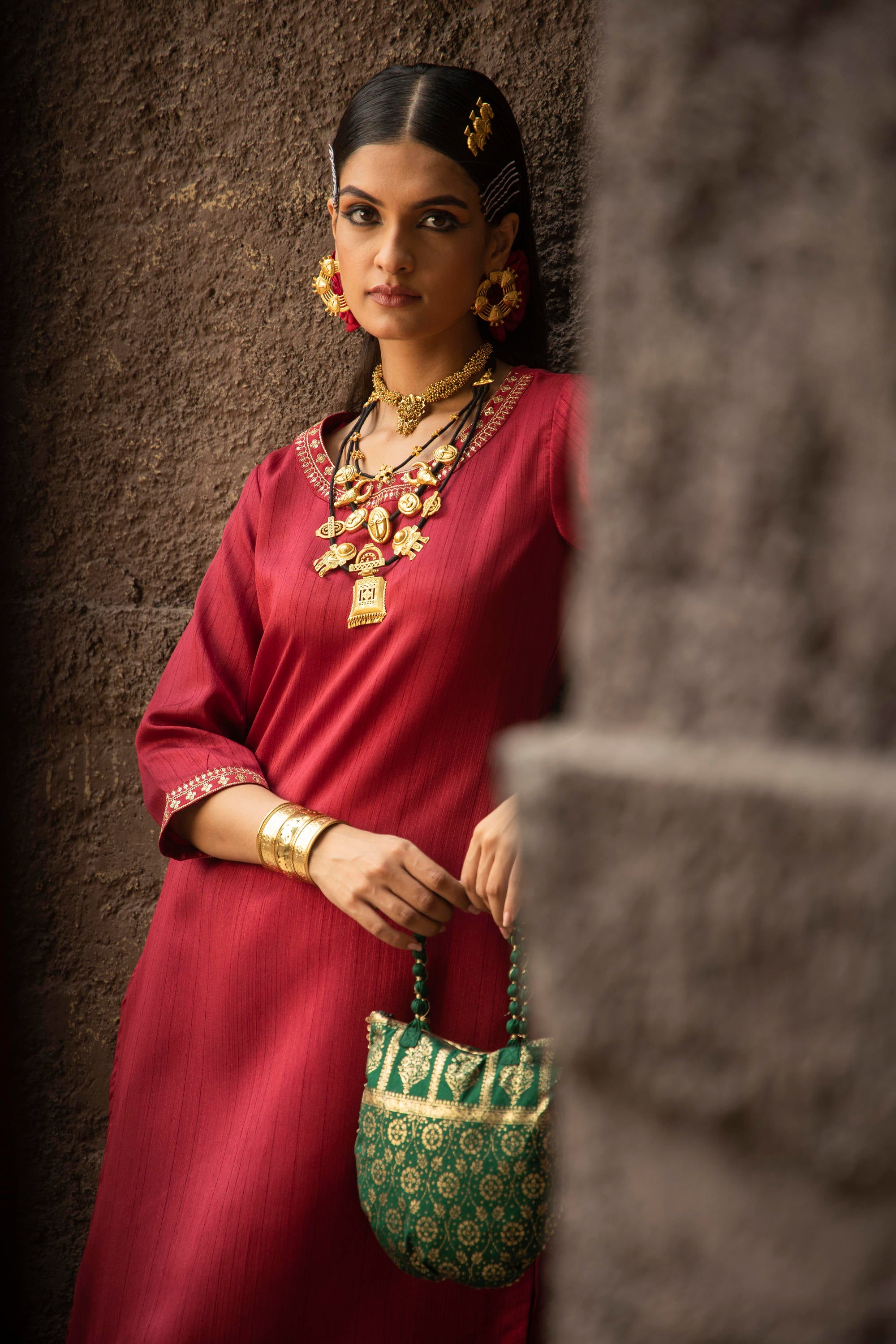 Maroon Soild Satin Kurta With Floral Pants