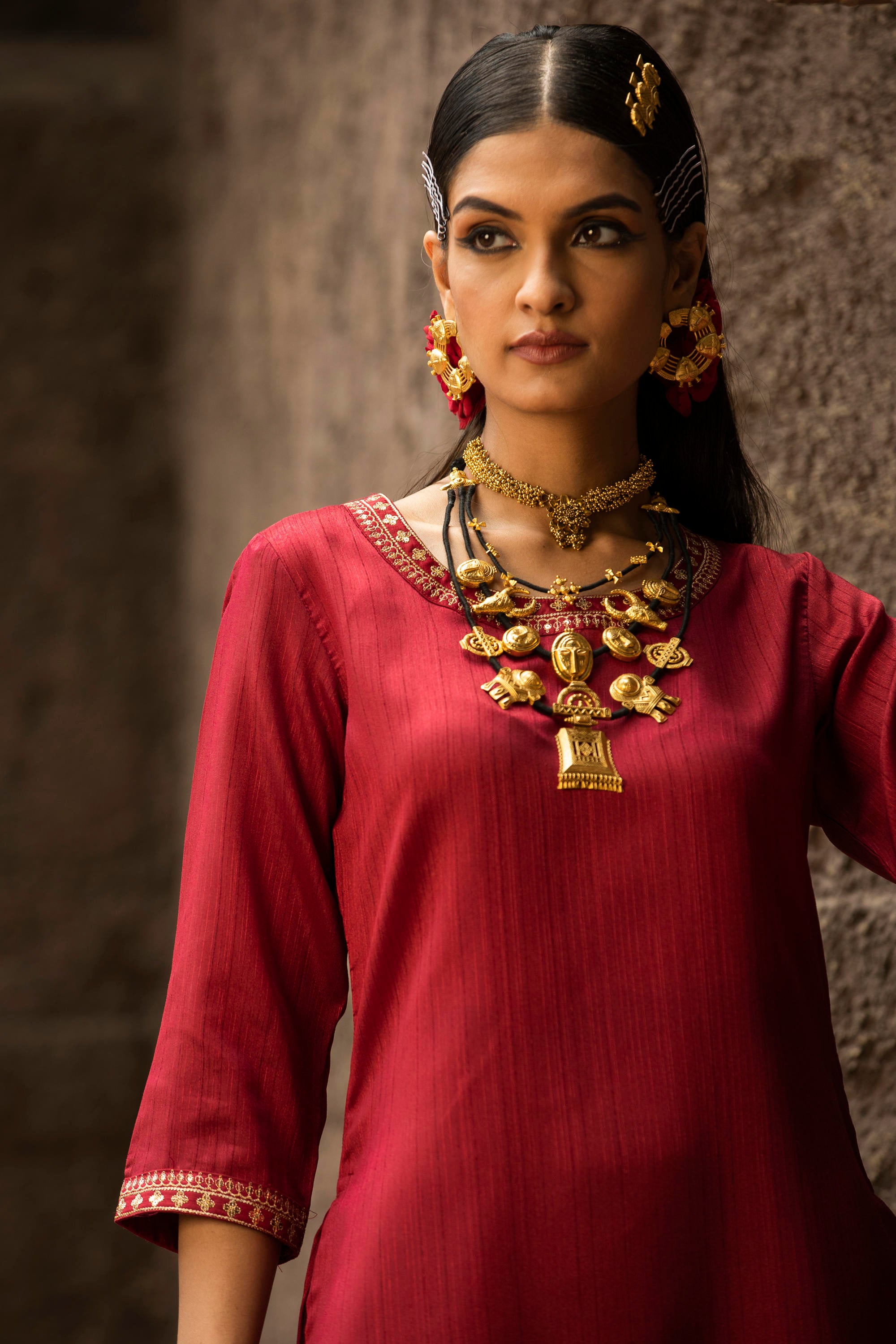 Maroon Soild Satin Kurta With Floral Pants