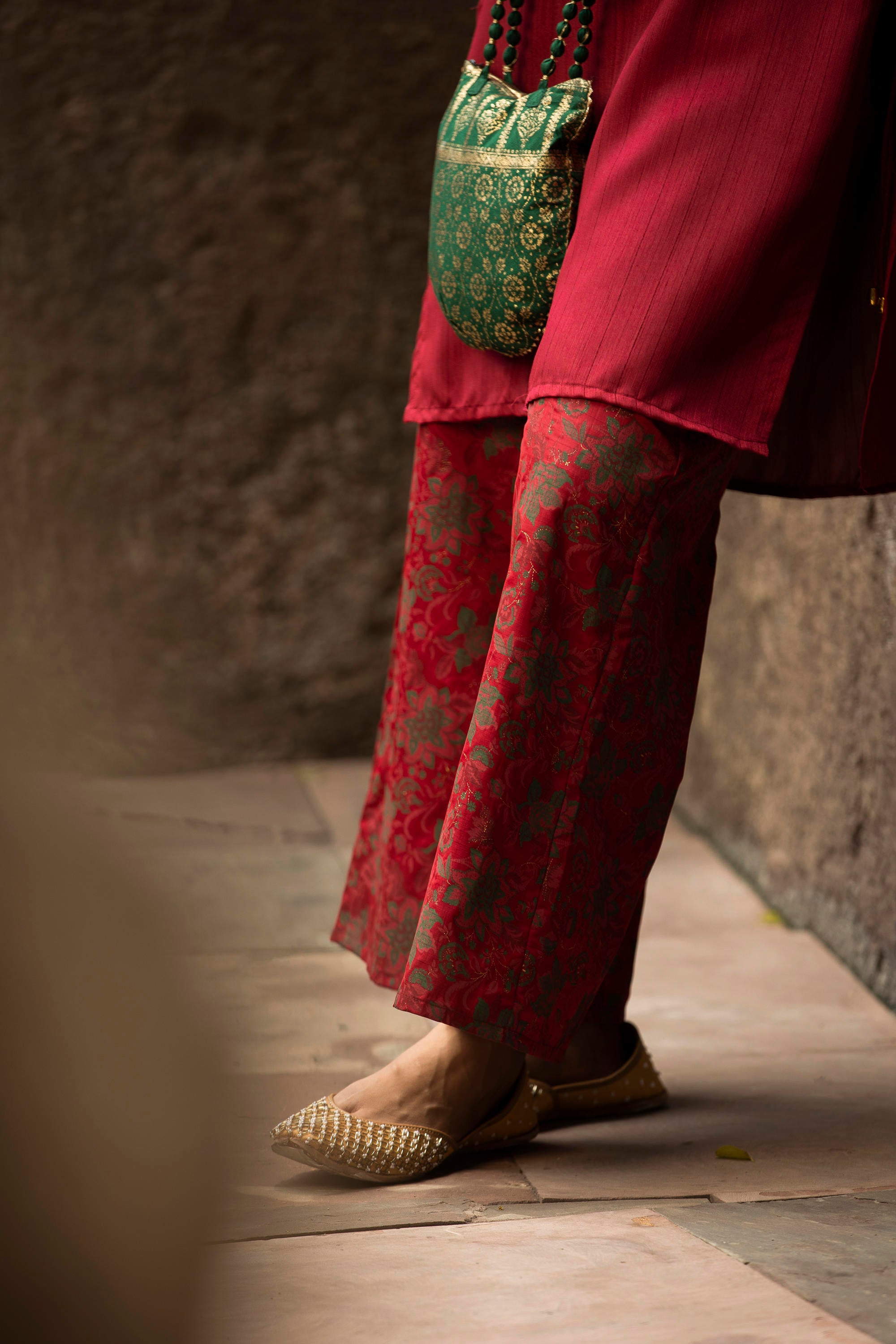 Maroon Soild Satin Kurta With Floral Pants