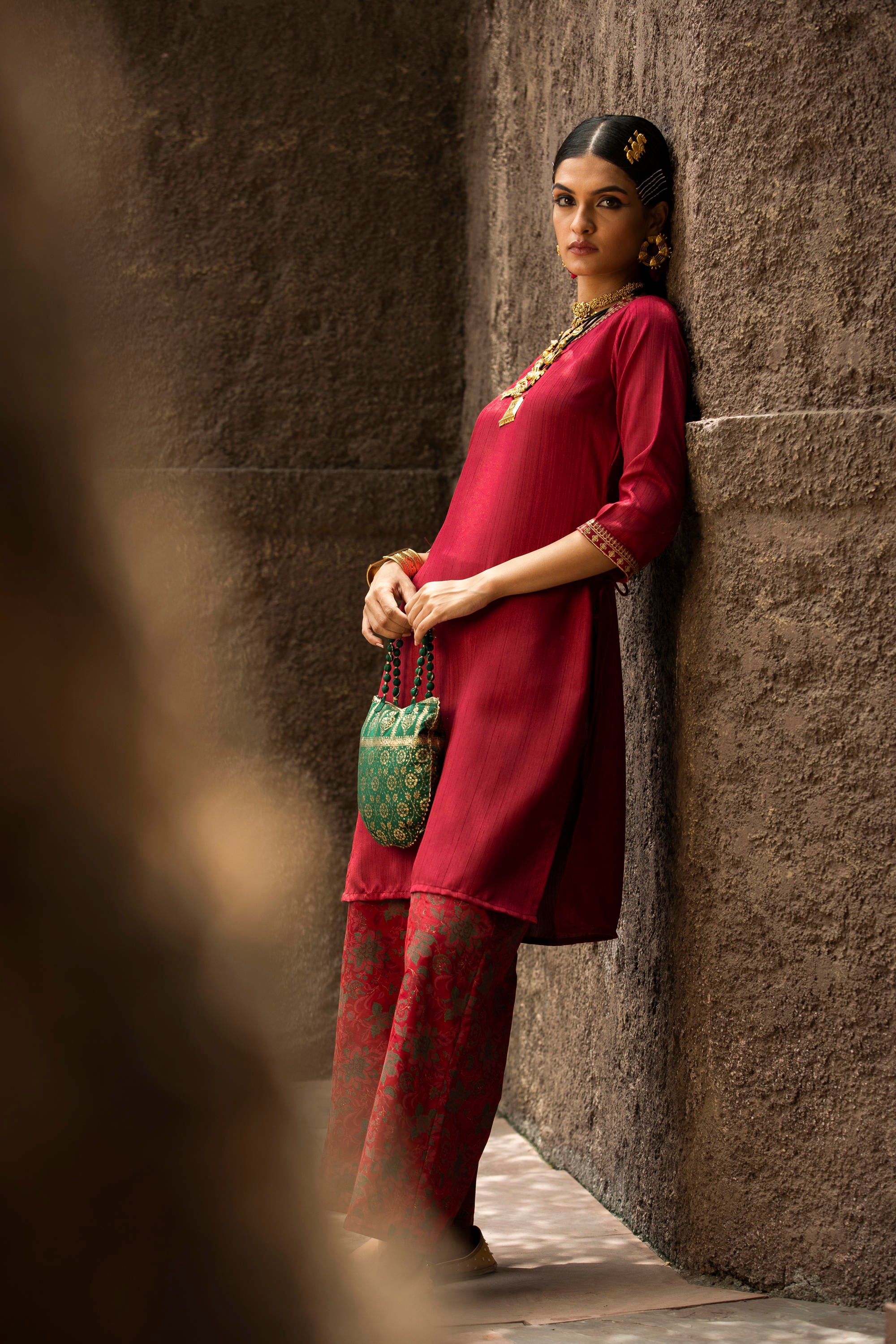 Maroon Soild Satin Kurta With Floral Pants