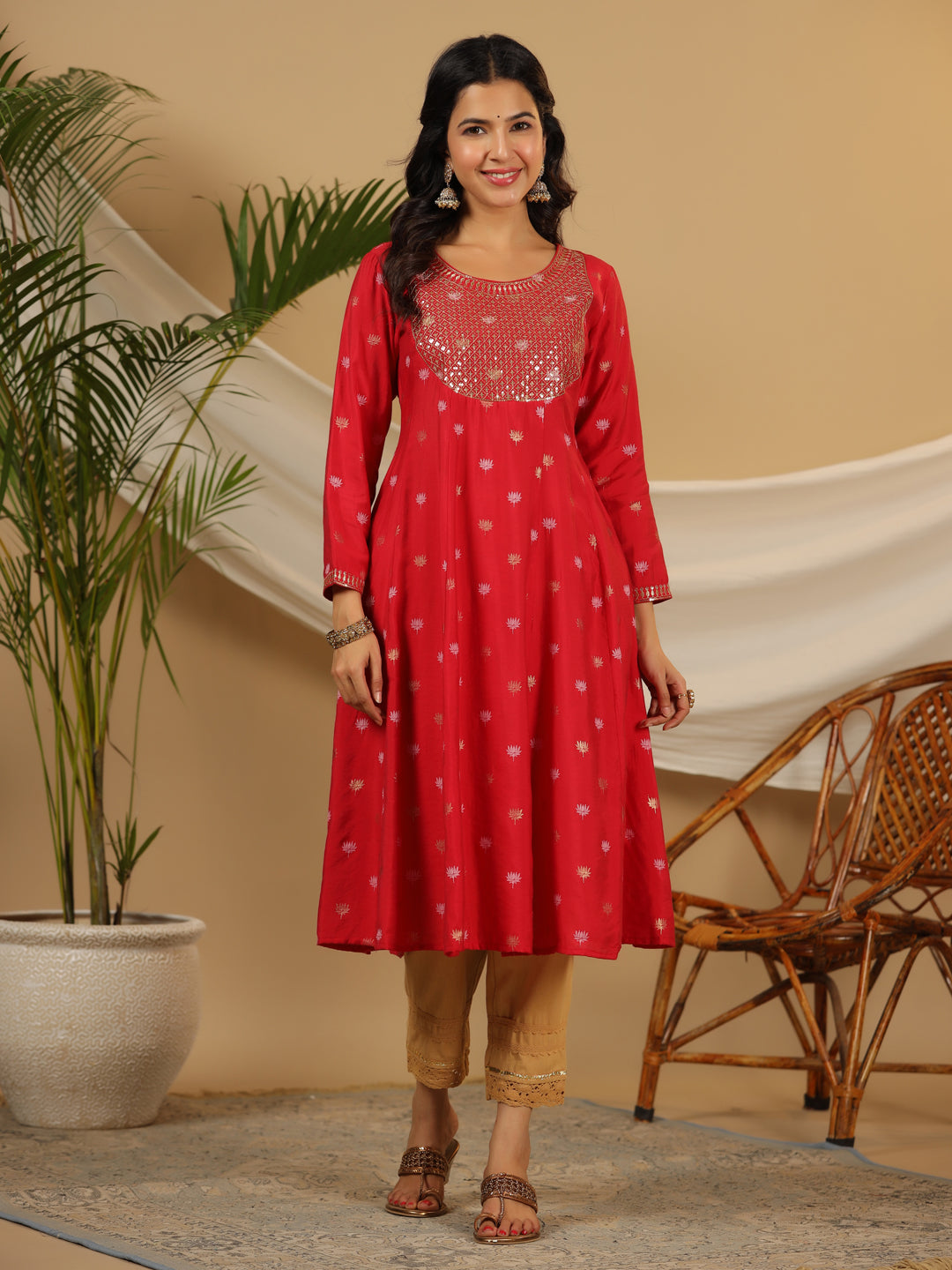 Juniper Women Red Rayon & Cotton Flex Printed with Embroidered Kurta Set