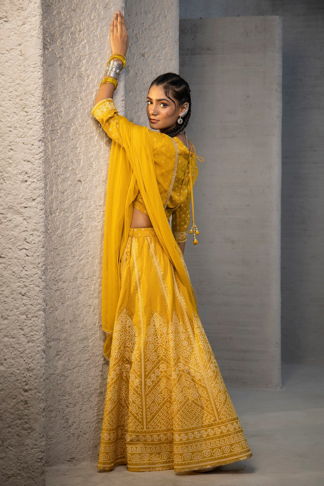 Juniper Mustard Bandhani Printed Shantoon Slub Lehenga Choli & Net Dupatta Set.