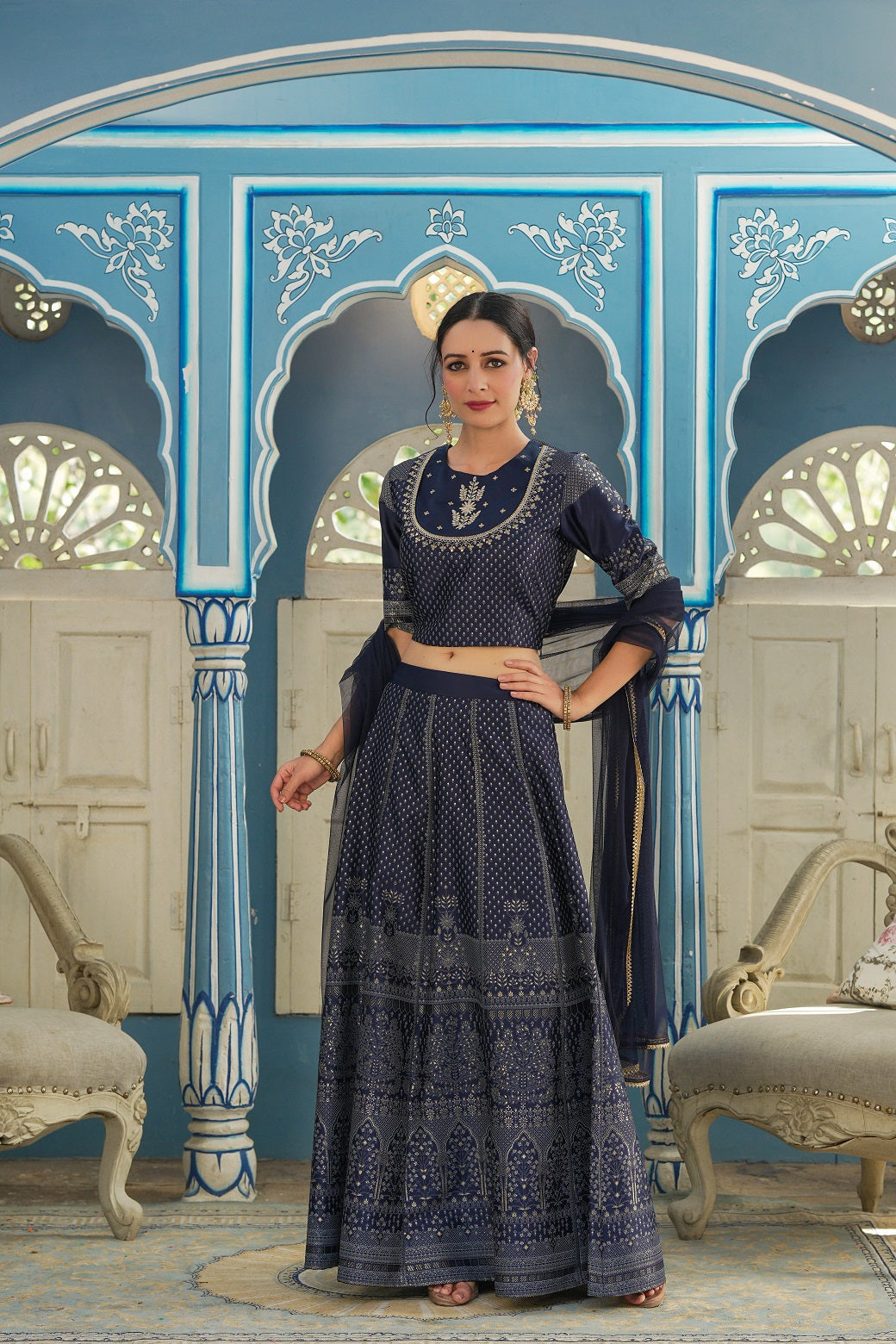 Navy Ethnic Motif Printed Satin Lehngha Choli & Dupatta Set With Sequins & Zari Work