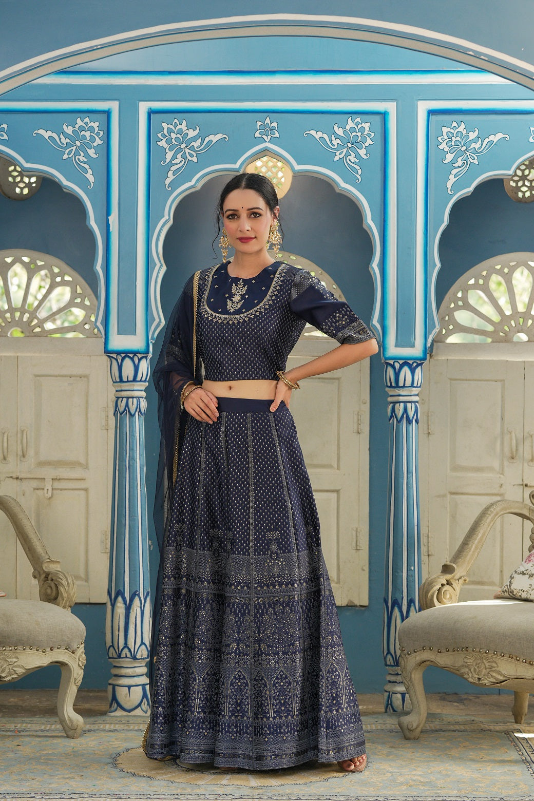 Navy Ethnic Motif Printed Satin Lehngha Choli & Dupatta Set With Sequins & Zari Work