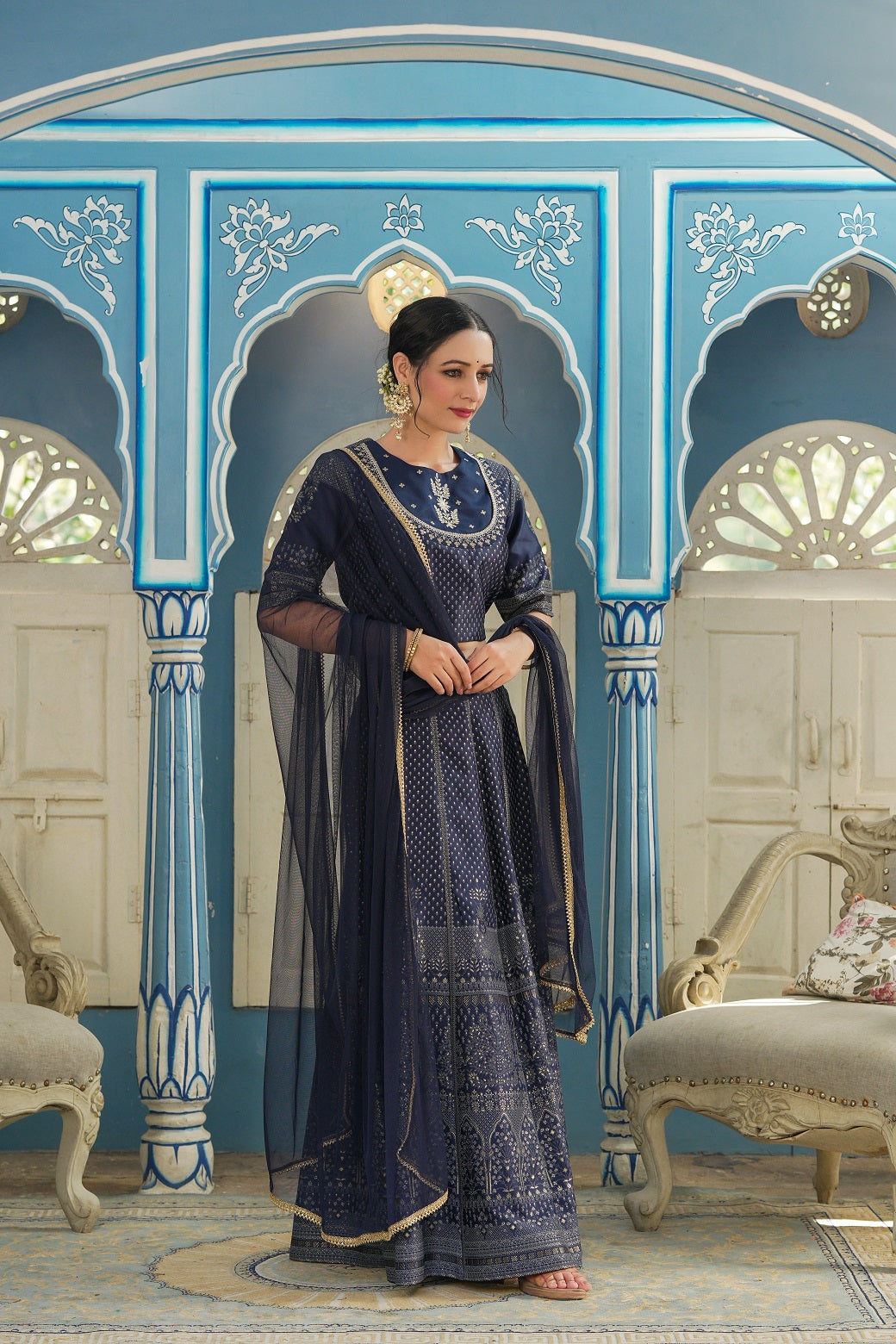 Navy Ethnic Motif Printed Satin Lehngha Choli & Dupatta Set With Sequins & Zari Work