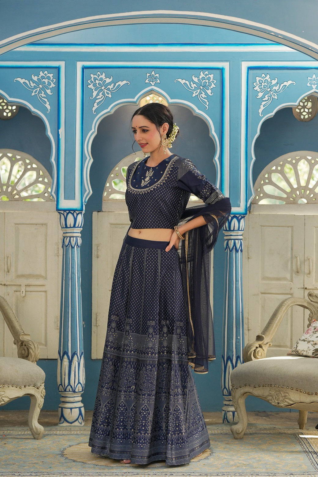 Navy Ethnic Motif Printed Satin Lehngha Choli & Dupatta Set With Sequins & Zari Work