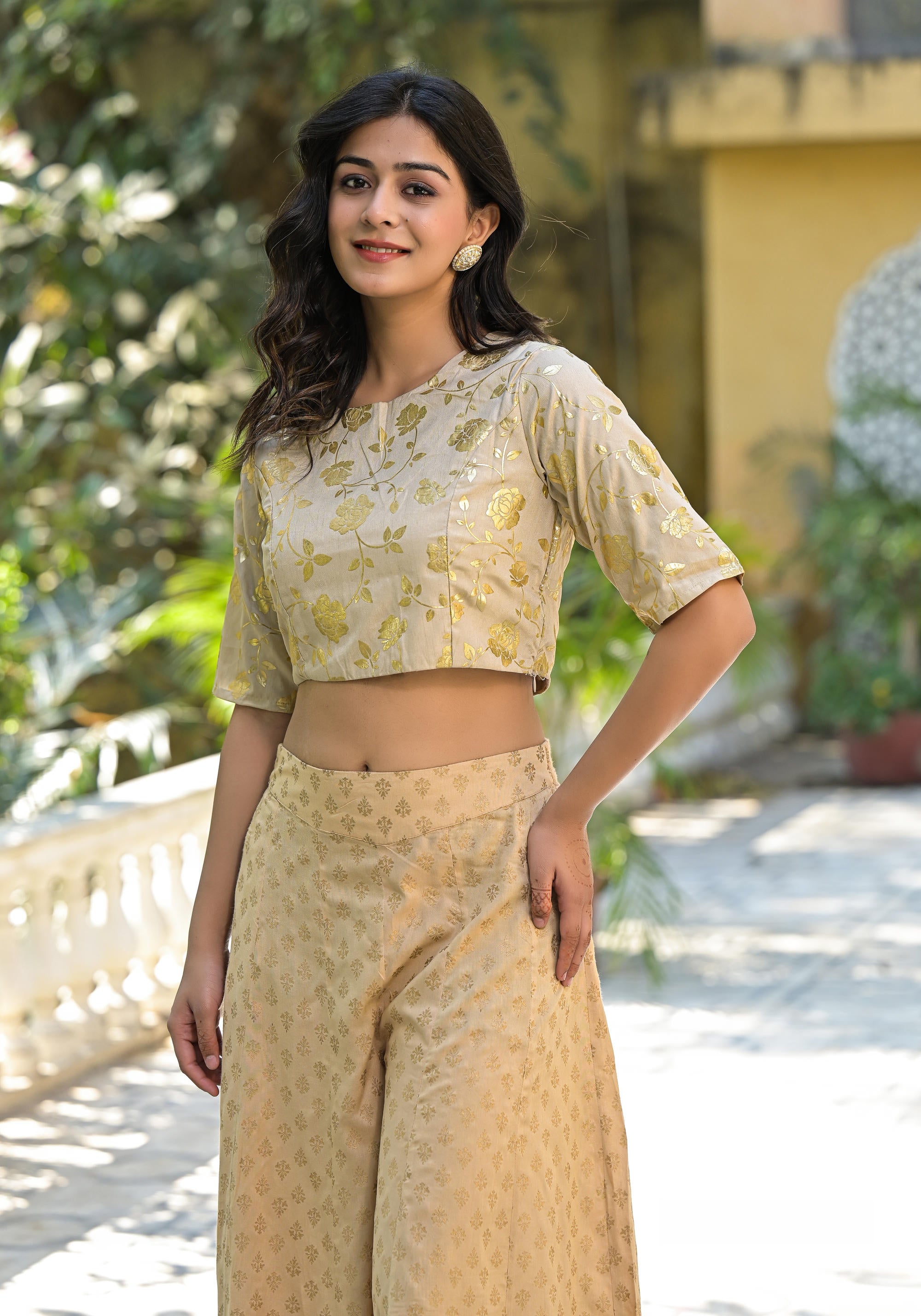 Gold Floral Printed Silk Blouse With Foil Work