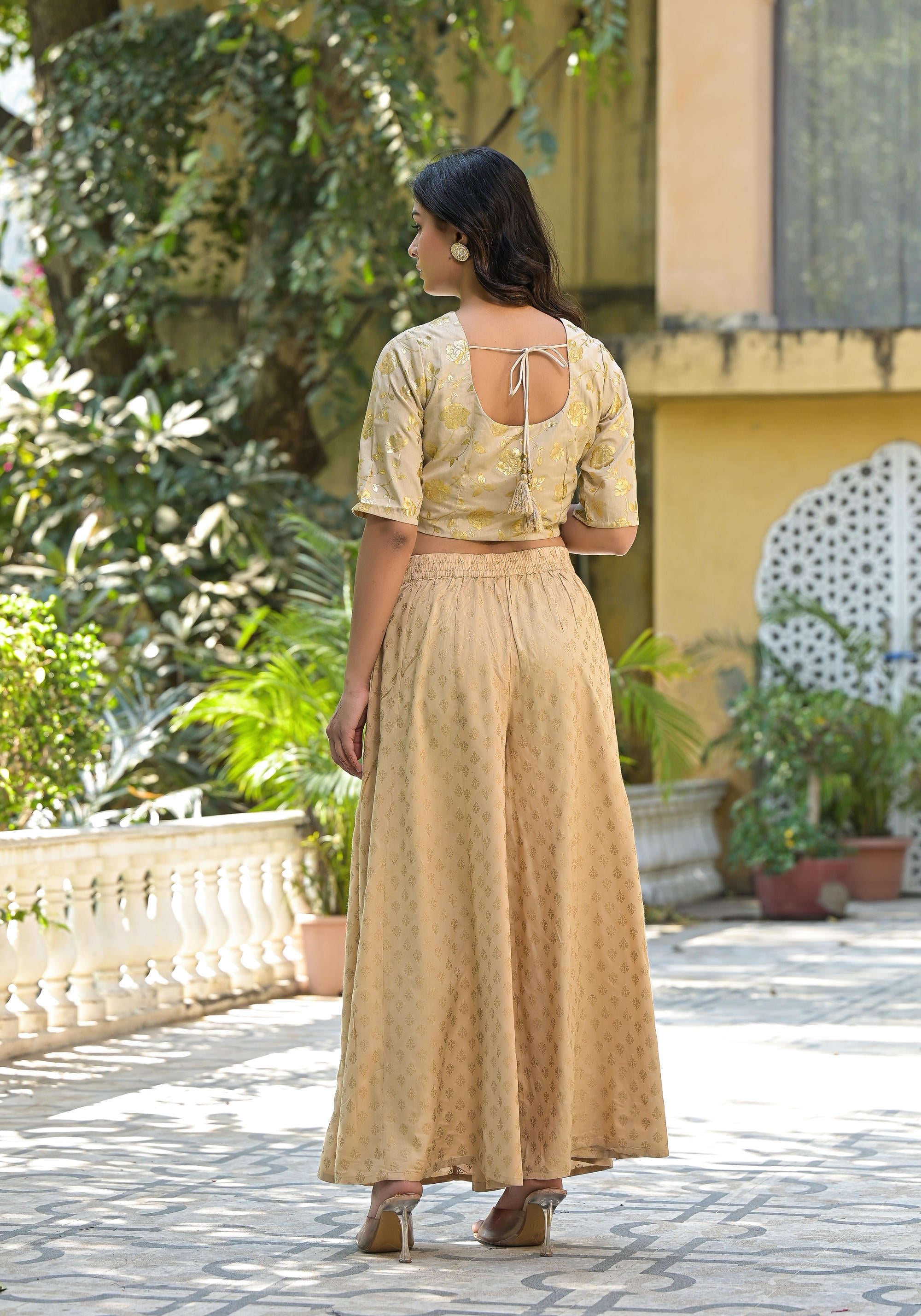 Gold Floral Printed Silk Blouse With Foil Work