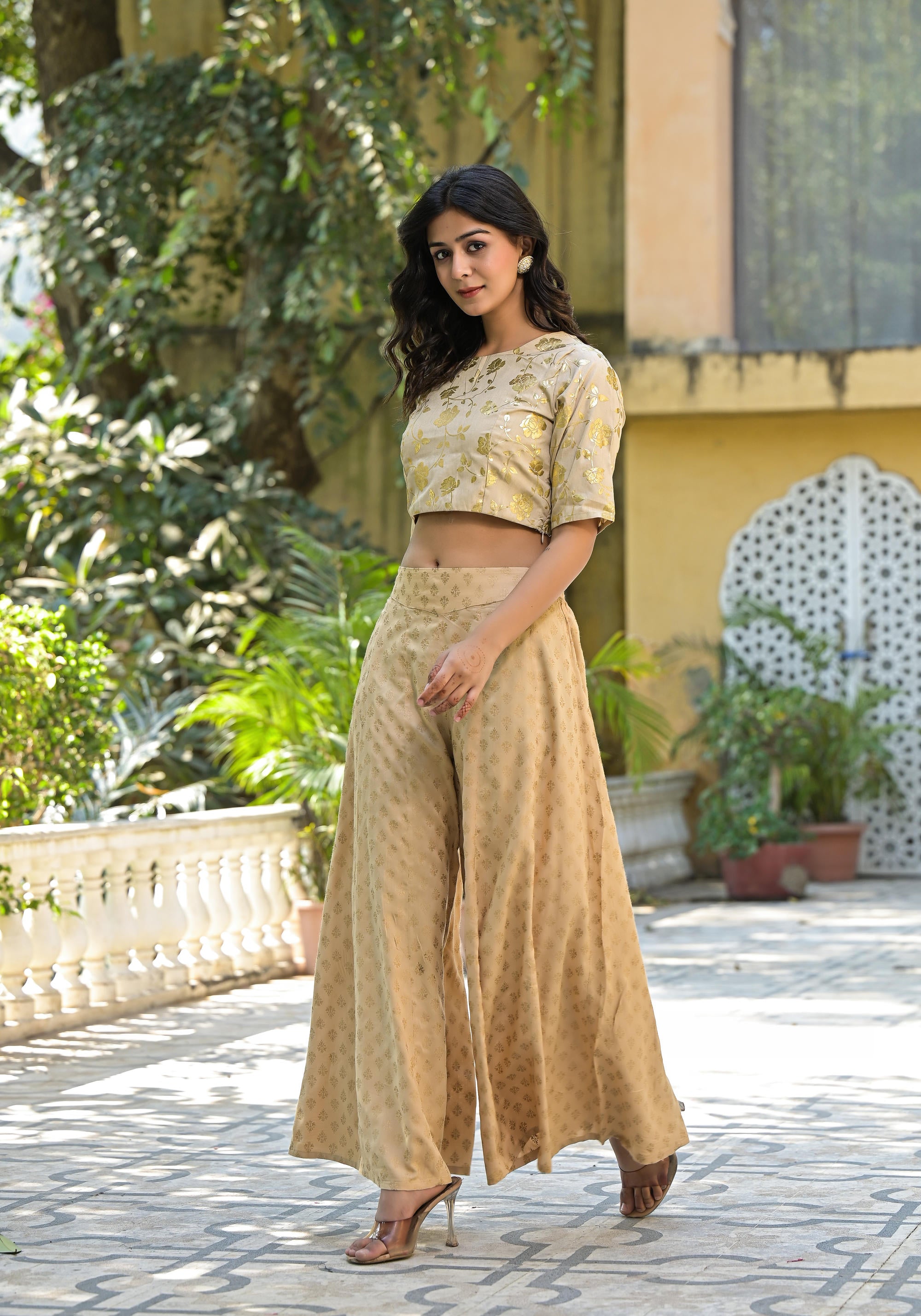 Gold Floral Printed Silk Blouse With Foil Work