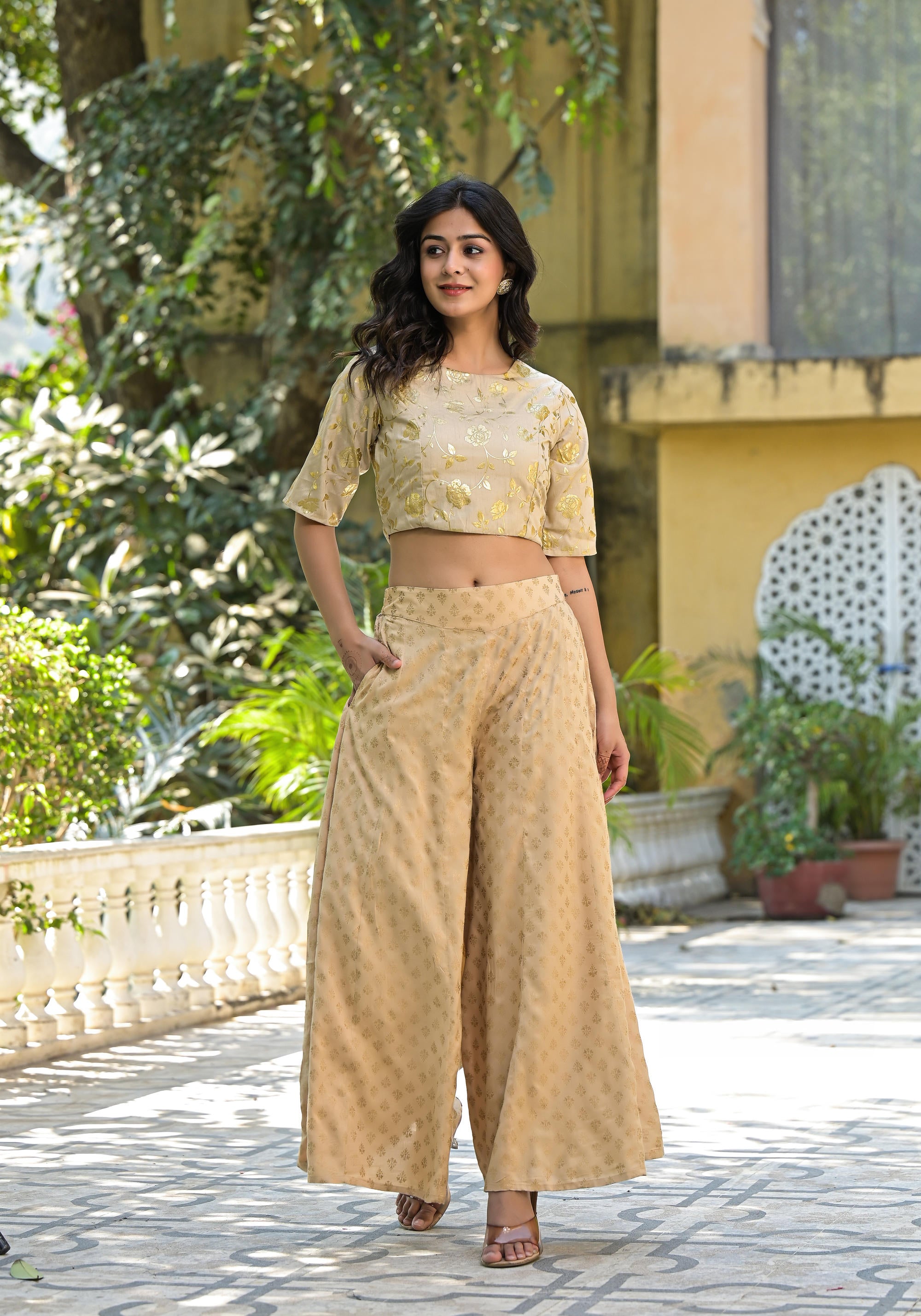 Gold Floral Printed Silk Blouse With Foil Work