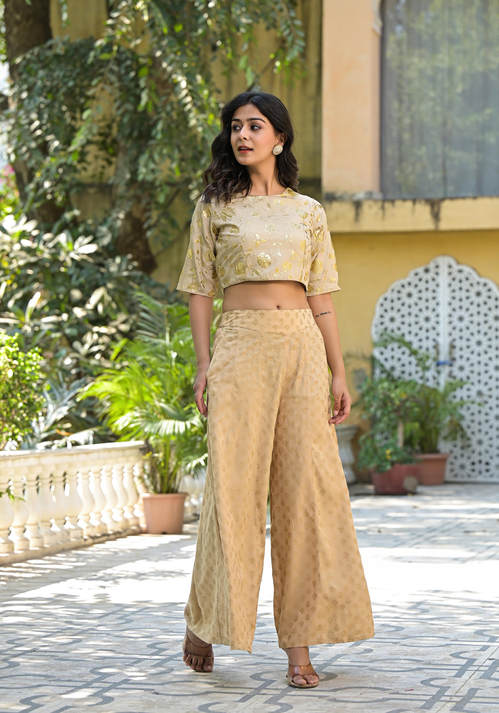 Gold Floral Printed Silk Blouse With Foil Work