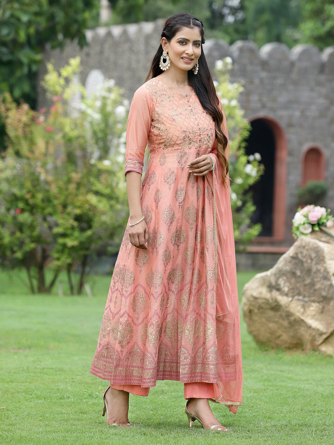 Juniper Peach Chanderi Polyster Print Flared Kurta Pant Dupatta Set For Women