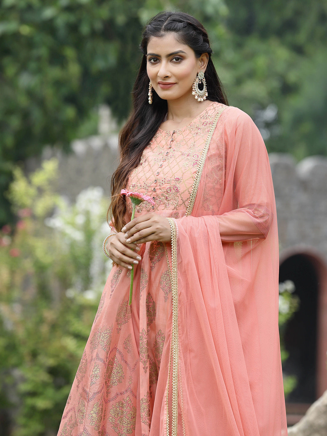 Juniper Peach Chanderi Polyster Print Flared Kurta Pant Dupatta Set For Women