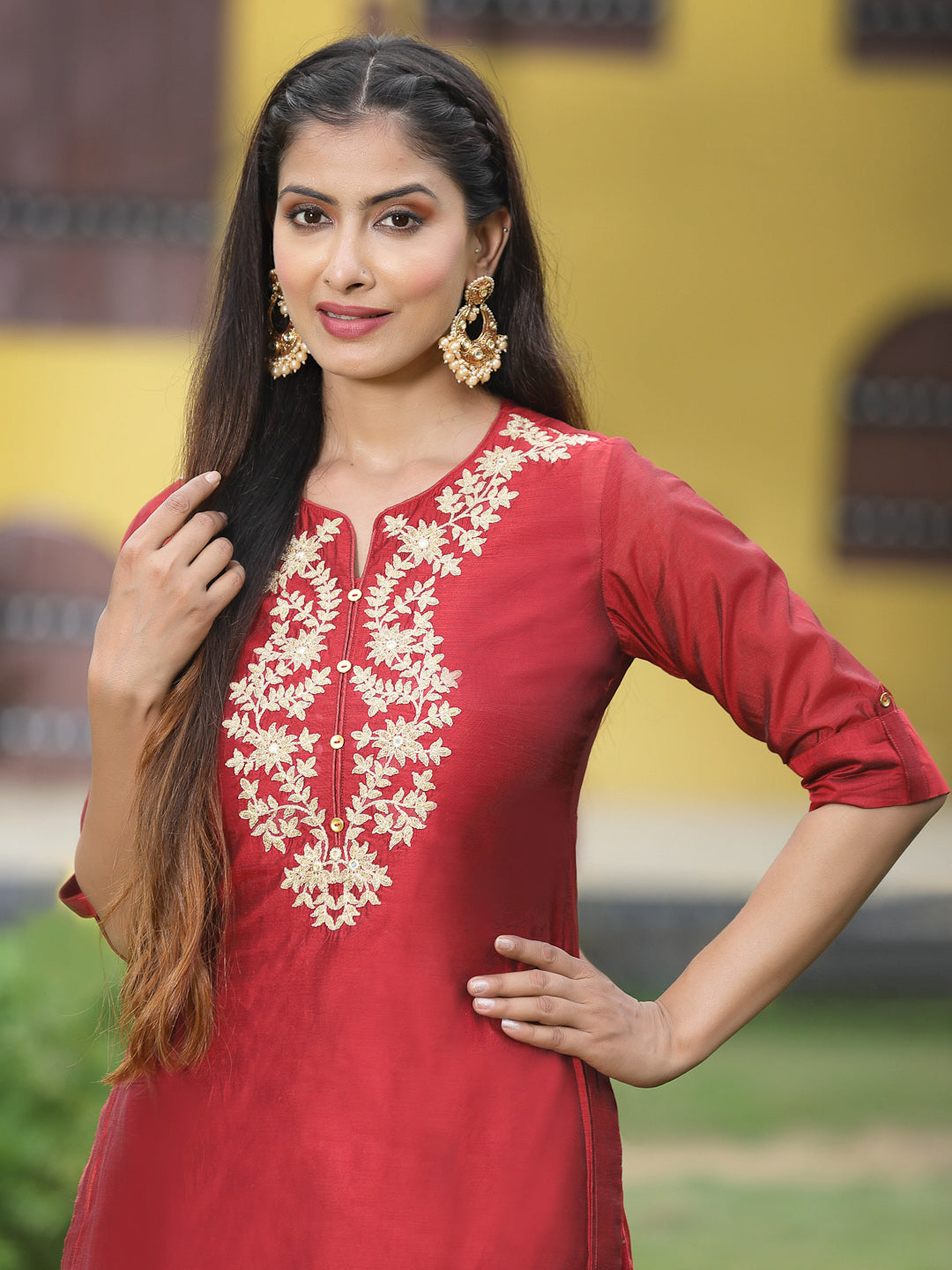 Red Soild Chanderi Kurta With Zari Work & Buttons