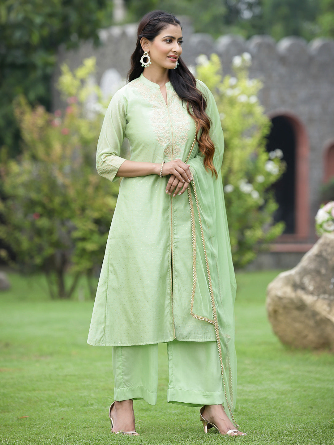 Juniper Mint Green Polka-Dot Printed Chanderi Kurta Pants & Net Dupatta Set With Zari Work Embroidery