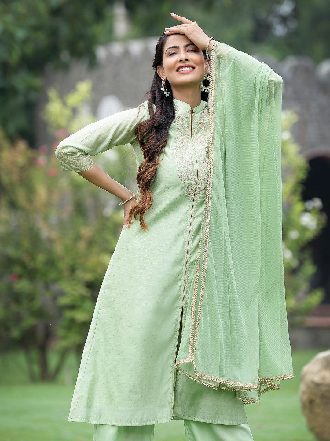 Juniper Mint Green Polka-Dot Printed Chanderi Kurta Pants & Net Dupatta Set With Zari Work Embroidery