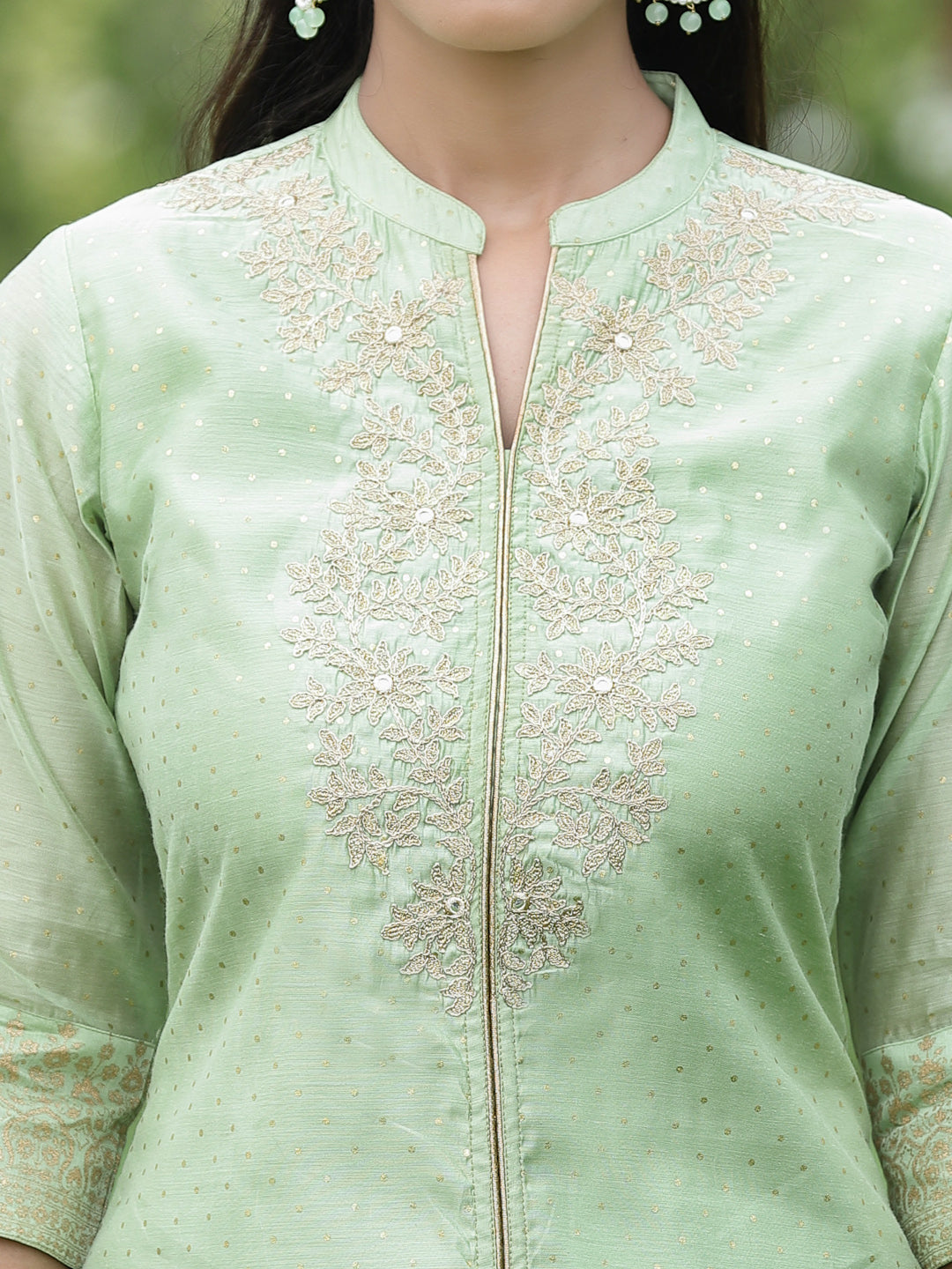 Juniper Mint Green Polka-Dot Printed Chanderi Kurta Pants & Net Dupatta Set With Zari Work Embroidery