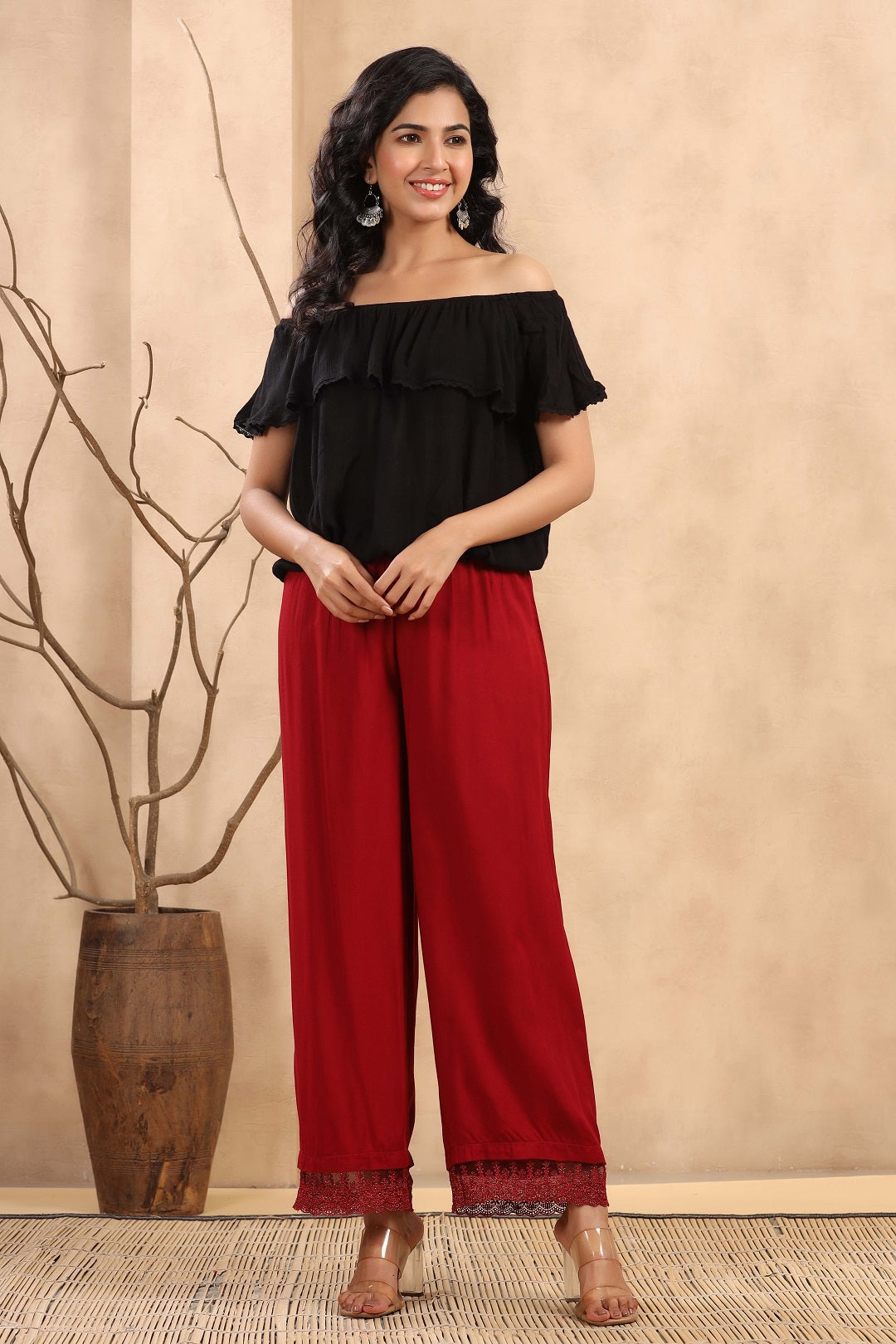 Juniper Women's Maroon LIVA Rayon Straight Solid Palazzo