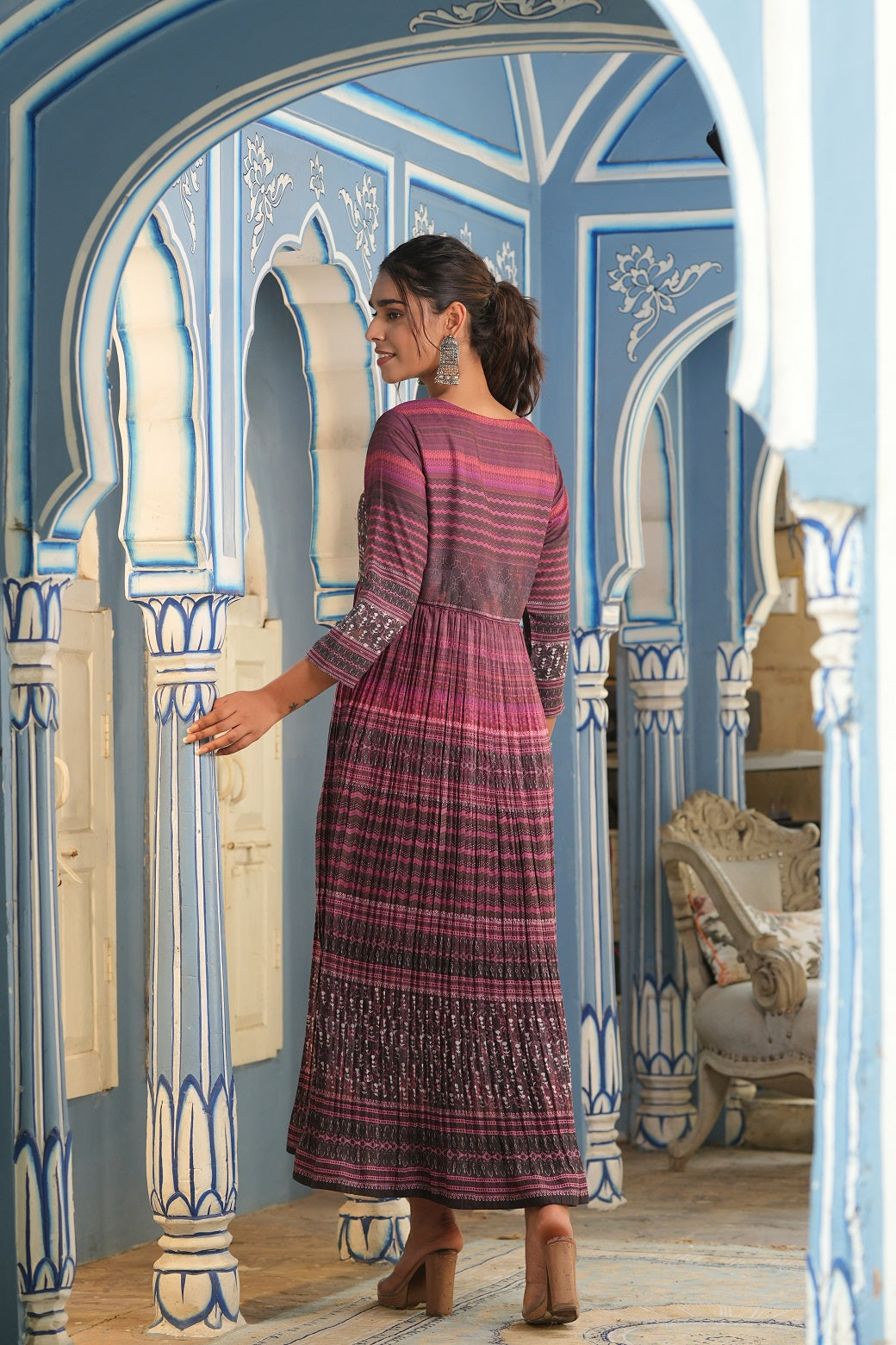 Juniper Purple muslin maxi dress with ethnic motif print with sequins & beads work