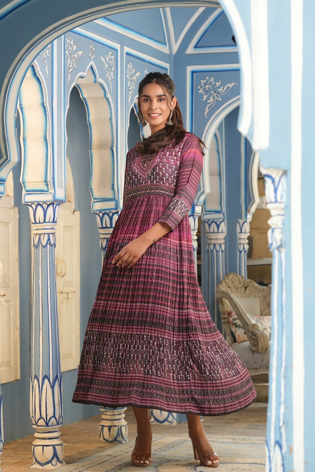 Juniper Purple muslin maxi dress with ethnic motif print with sequins & beads work