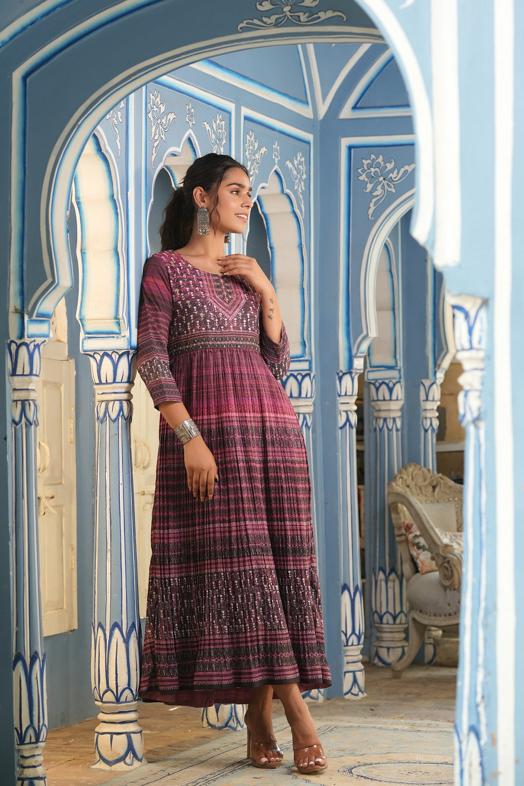 Juniper Purple muslin maxi dress with ethnic motif print with sequins & beads work