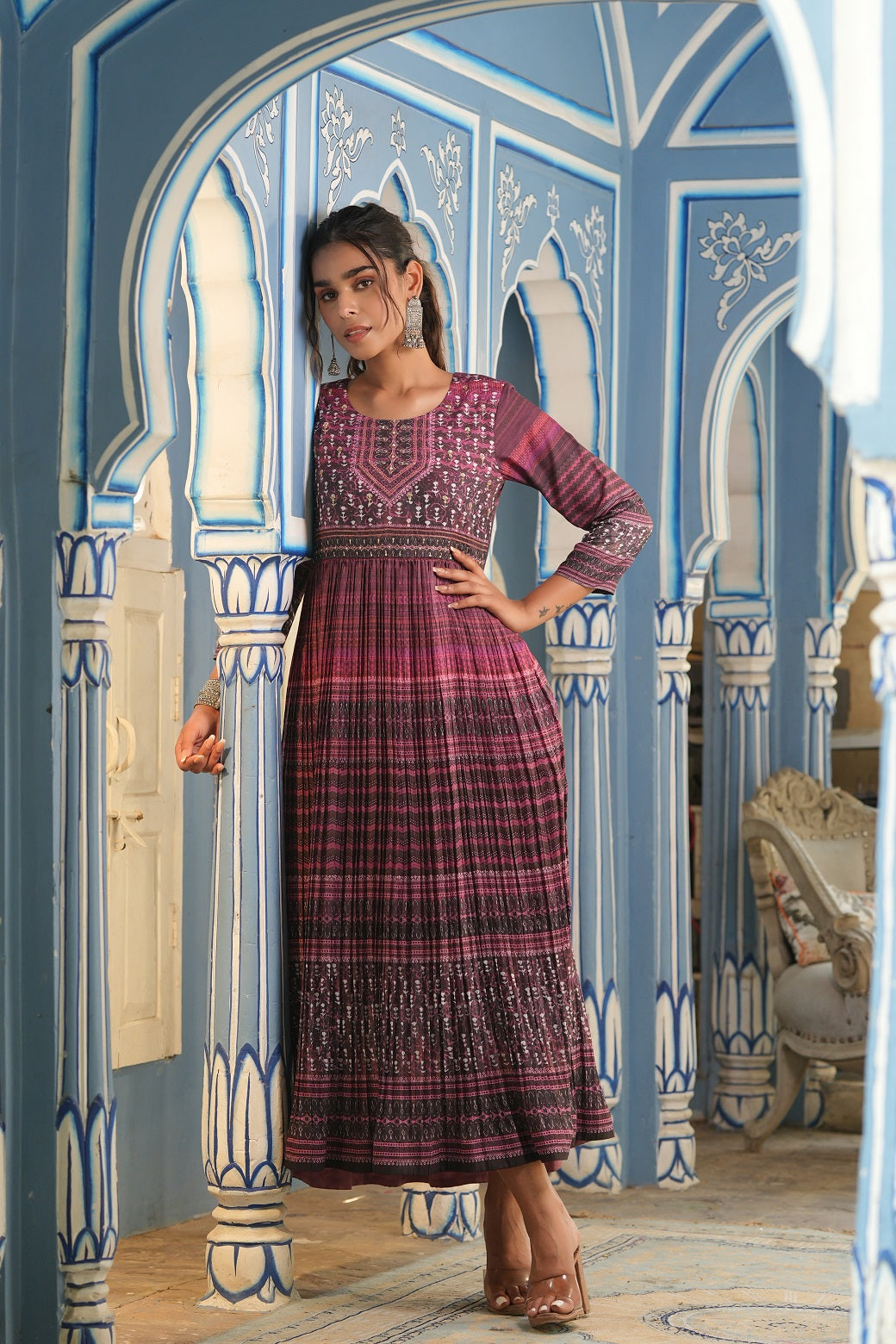 Juniper Purple muslin maxi dress with ethnic motif print with sequins & beads work