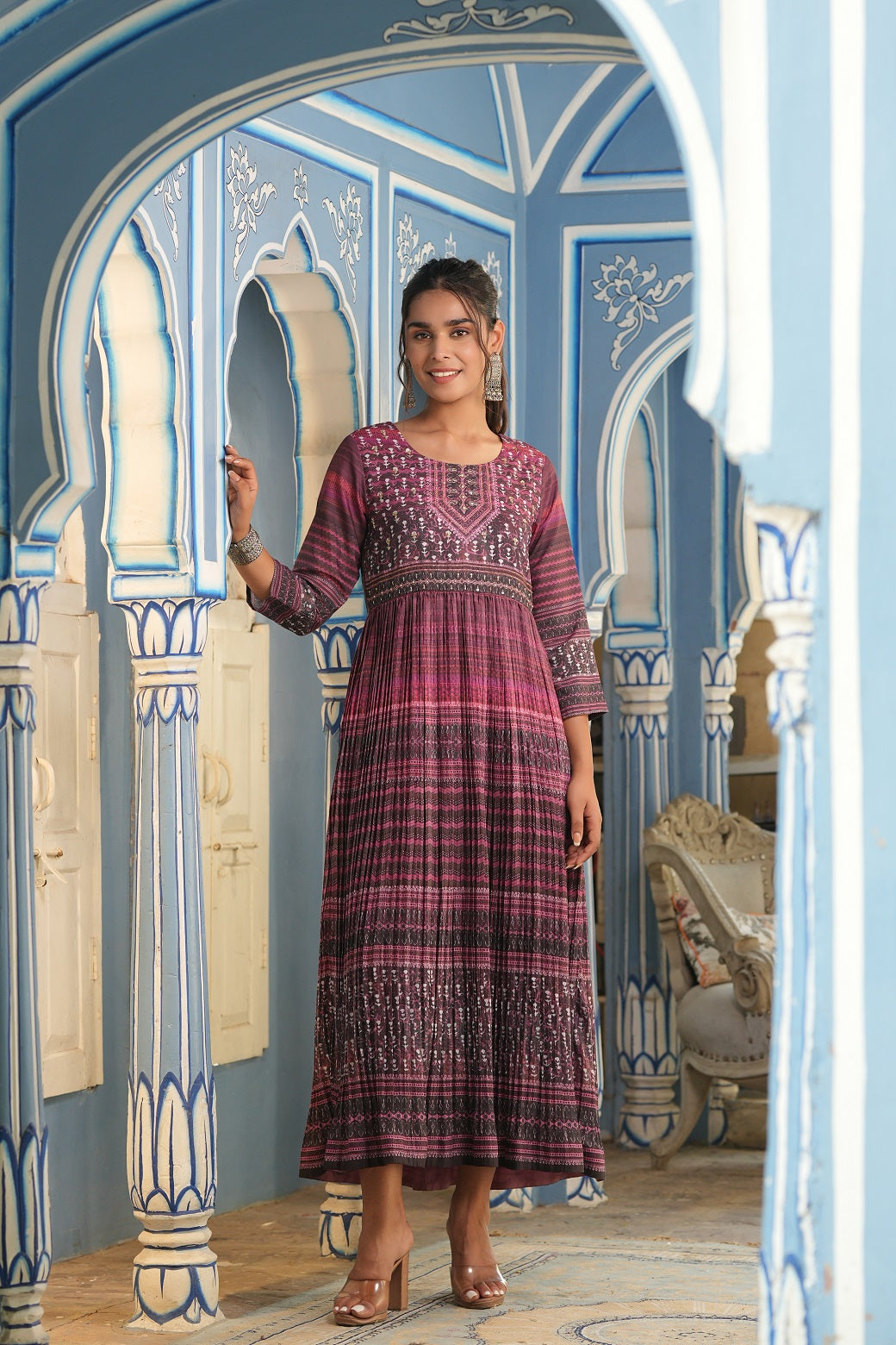 Juniper Purple muslin maxi dress with ethnic motif print with sequins & beads work