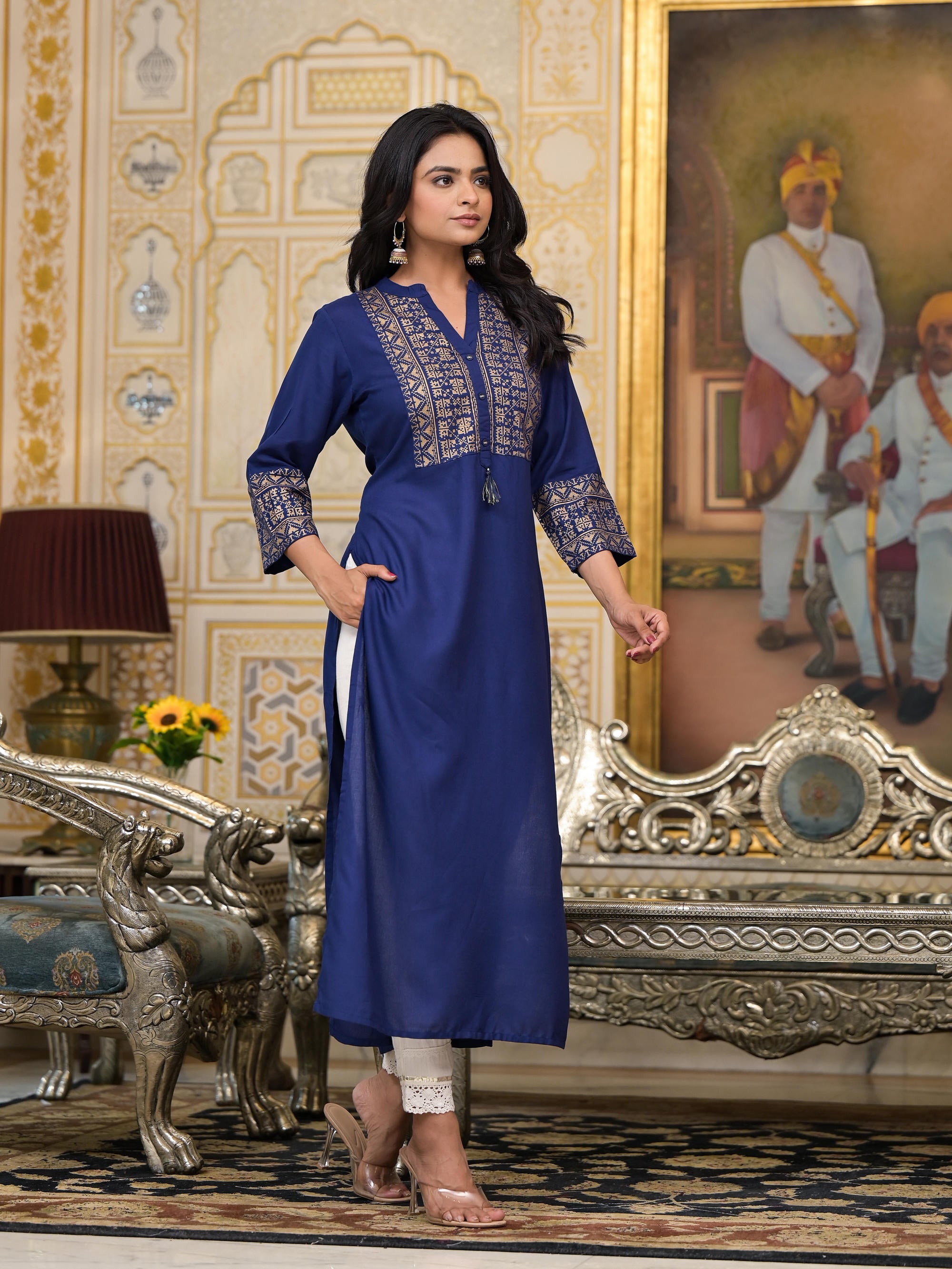 Indigo Geometric Printed Liva Rayon Kurta With Buttons & Tassels